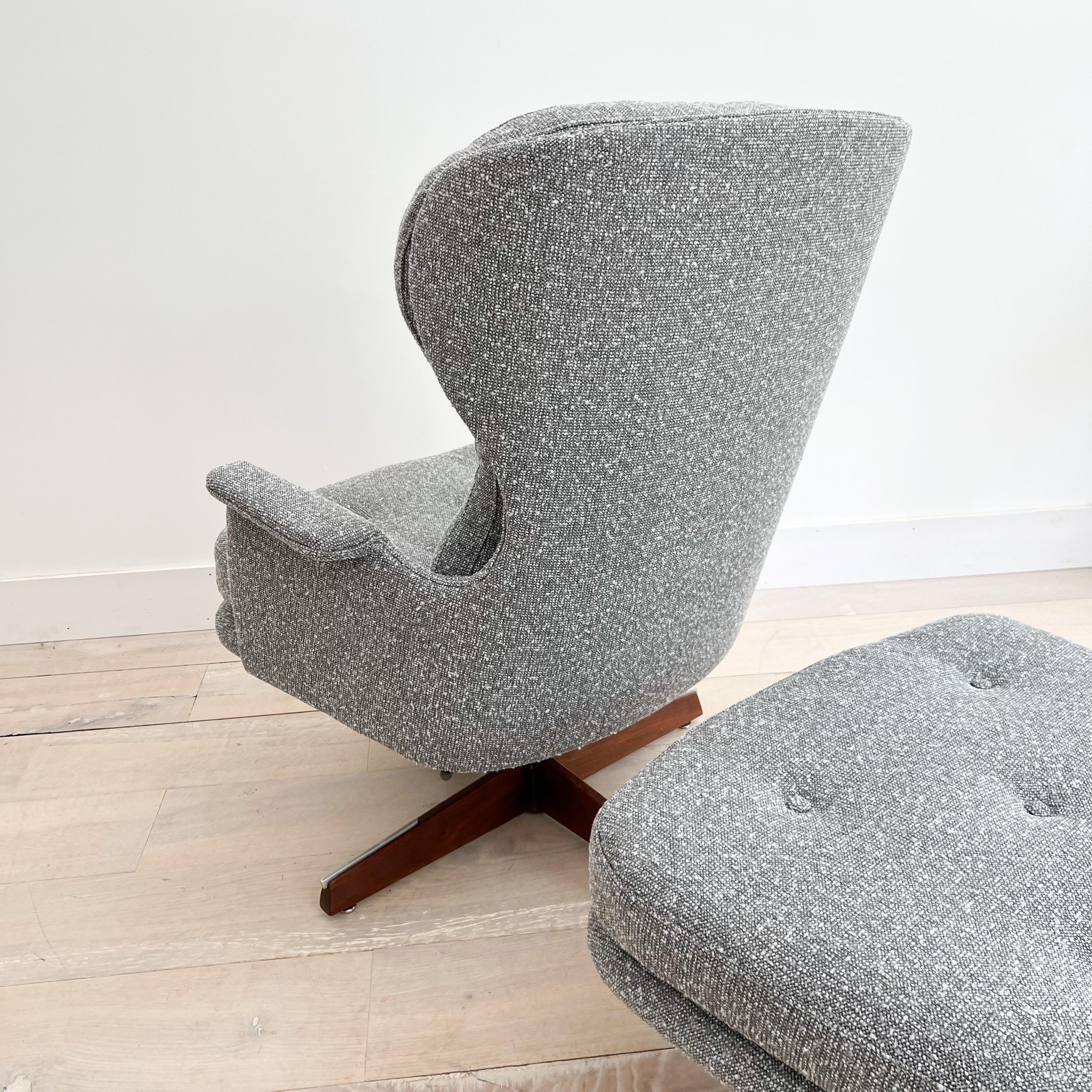 Mid Century Swivel Rocker Lounge Chair and Ottoman - New Grey Tweed Upholstery 1