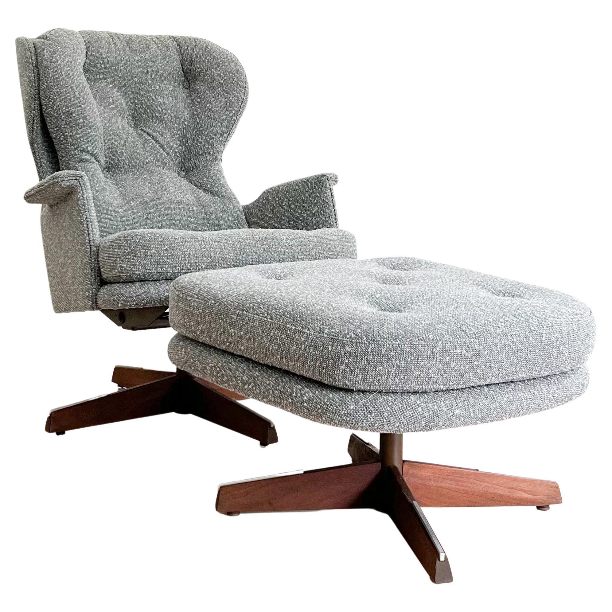 Mid Century Swivel Rocker Lounge Chair and Ottoman - New Grey Tweed Upholstery