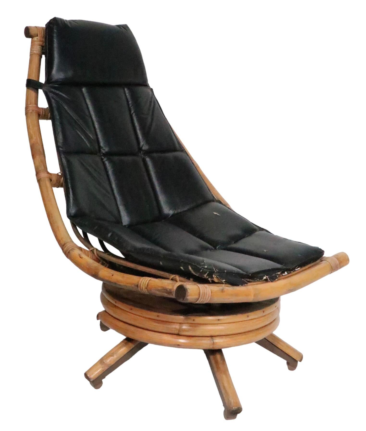 Midcentury Swivel Tilt Bamboo Lounge Chaise Chair, circa 1950/ 1960s For Sale 5