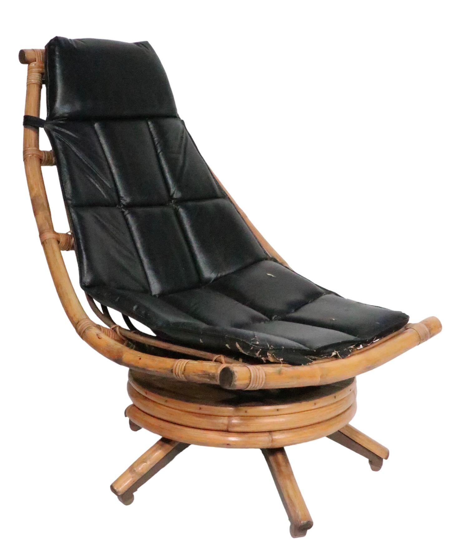 Midcentury Swivel Tilt Bamboo Lounge Chaise Chair, circa 1950/ 1960s For Sale 6