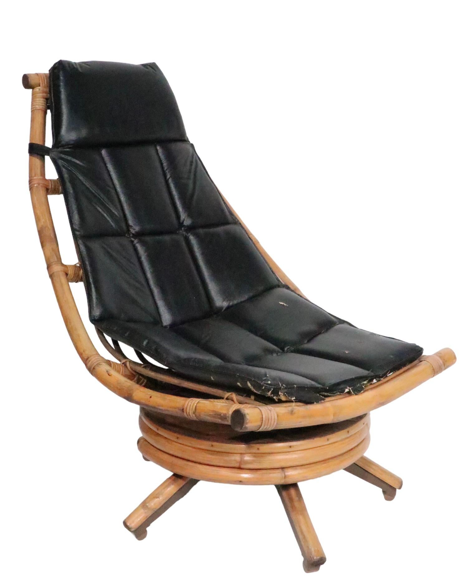 Midcentury Swivel Tilt Bamboo Lounge Chaise Chair, circa 1950/ 1960s For Sale 8