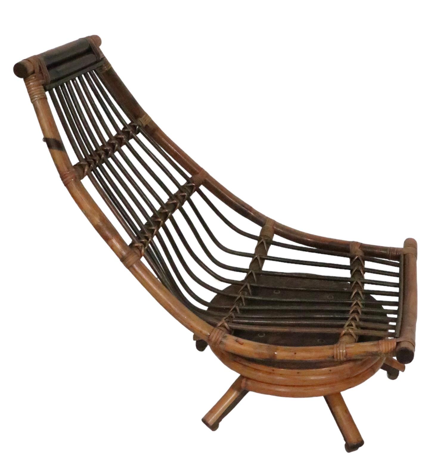 Mid-Century Modern Midcentury Swivel Tilt Bamboo Lounge Chaise Chair, circa 1950/ 1960s For Sale
