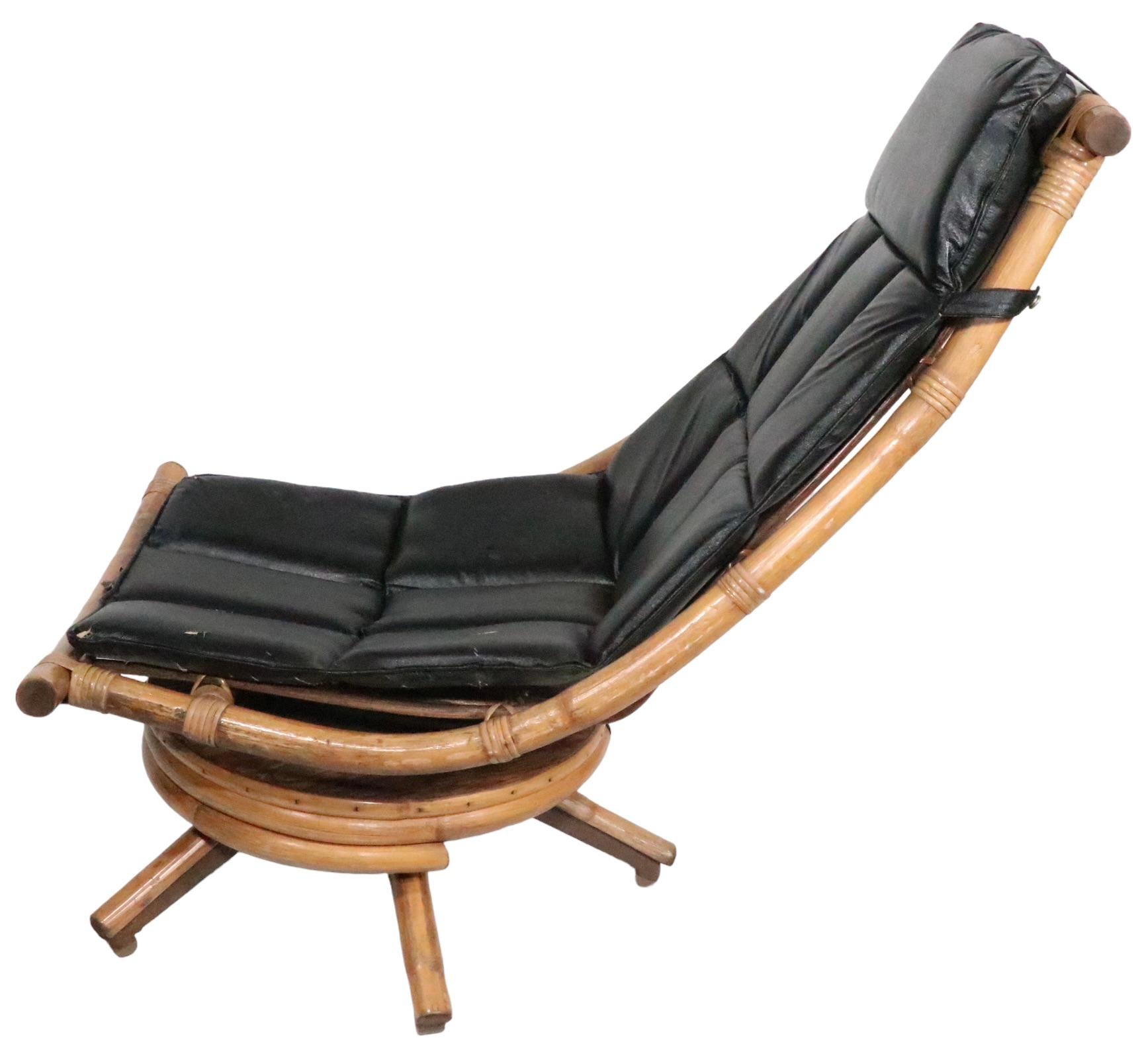 Upholstery Midcentury Swivel Tilt Bamboo Lounge Chaise Chair, circa 1950/ 1960s For Sale