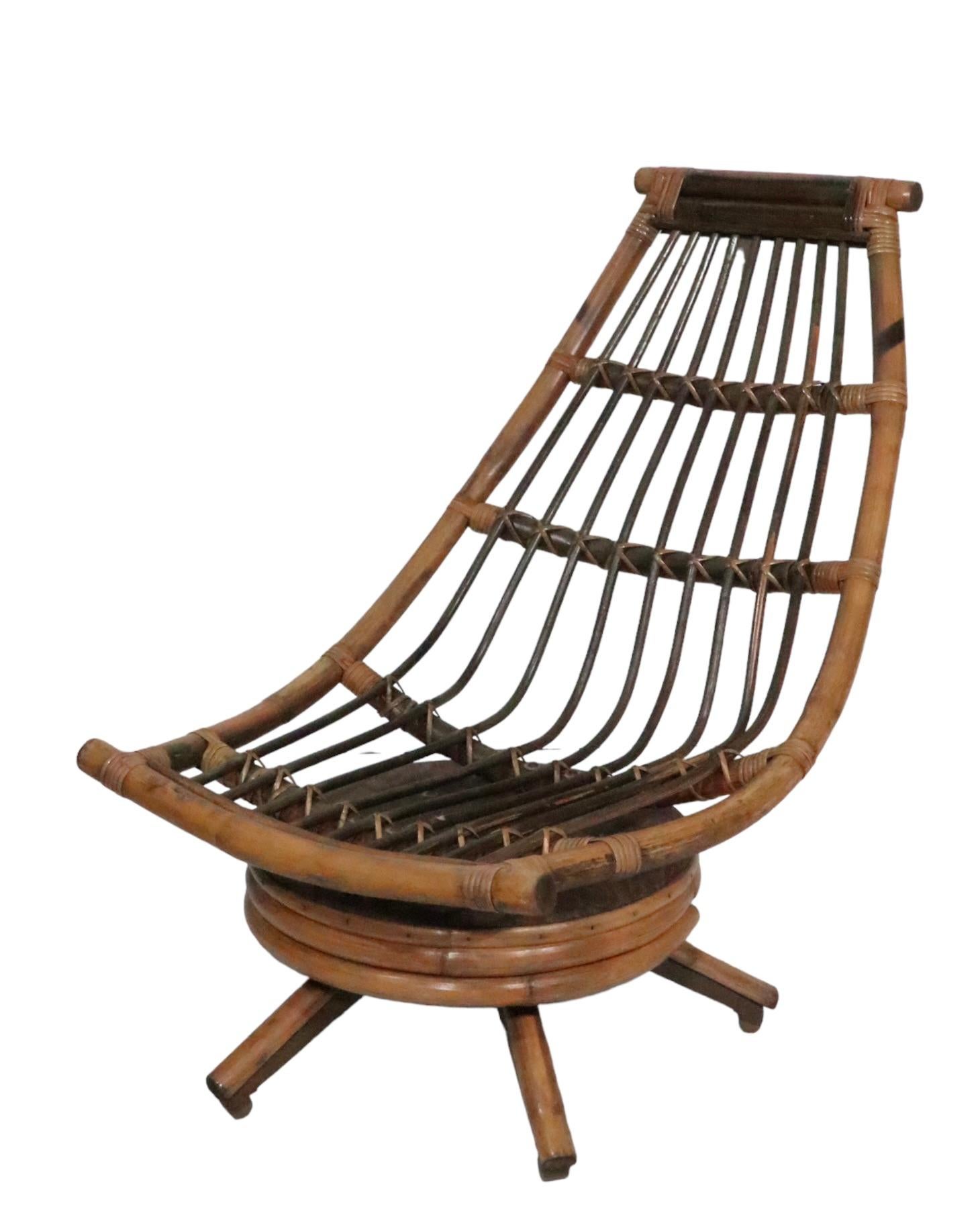 Midcentury Swivel Tilt Bamboo Lounge Chaise Chair, circa 1950/ 1960s For Sale 2