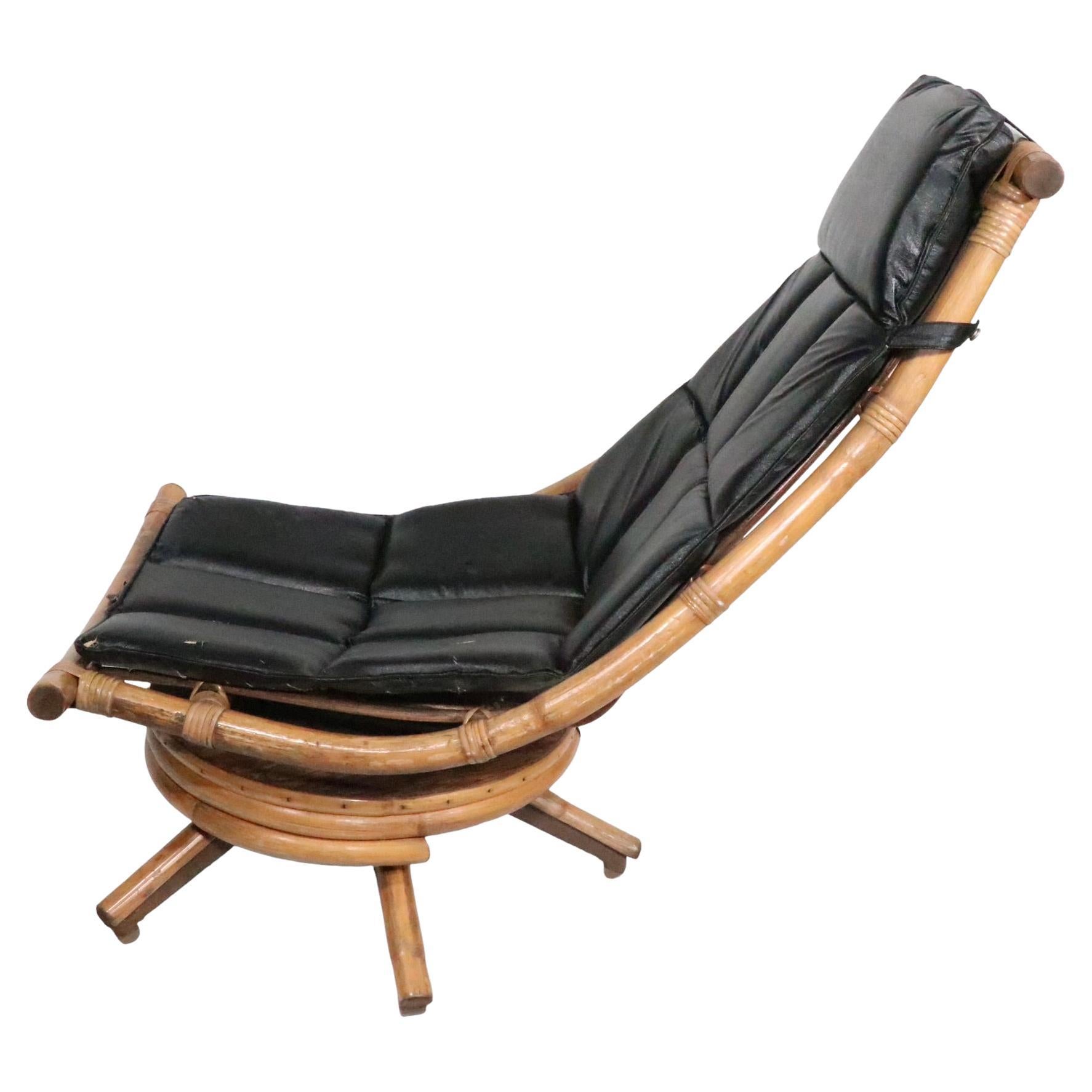 Midcentury Swivel Tilt Bamboo Lounge Chaise Chair, circa 1950/ 1960s
