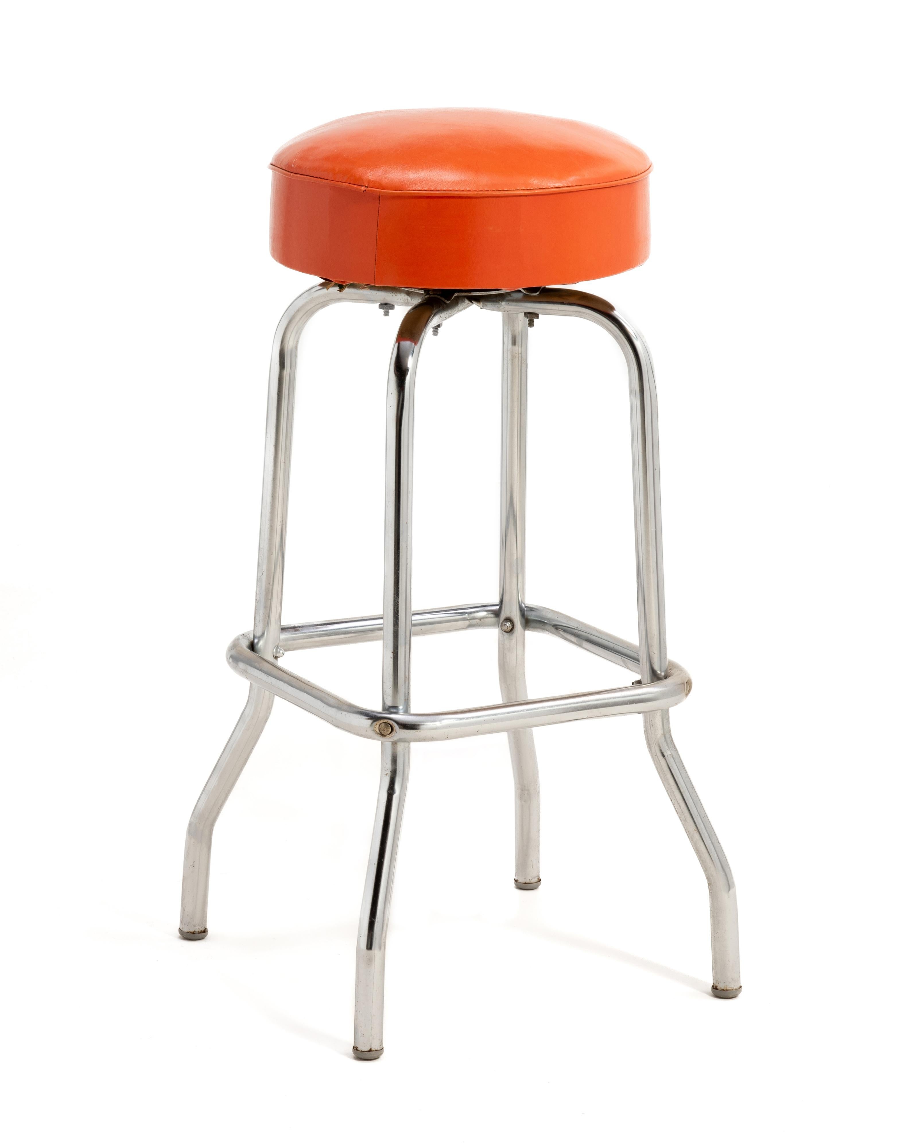 Mid-Century Modern Mid Century Swiveling Seat Barstools Original Chrome Orange Vinyl A Set of Four For Sale