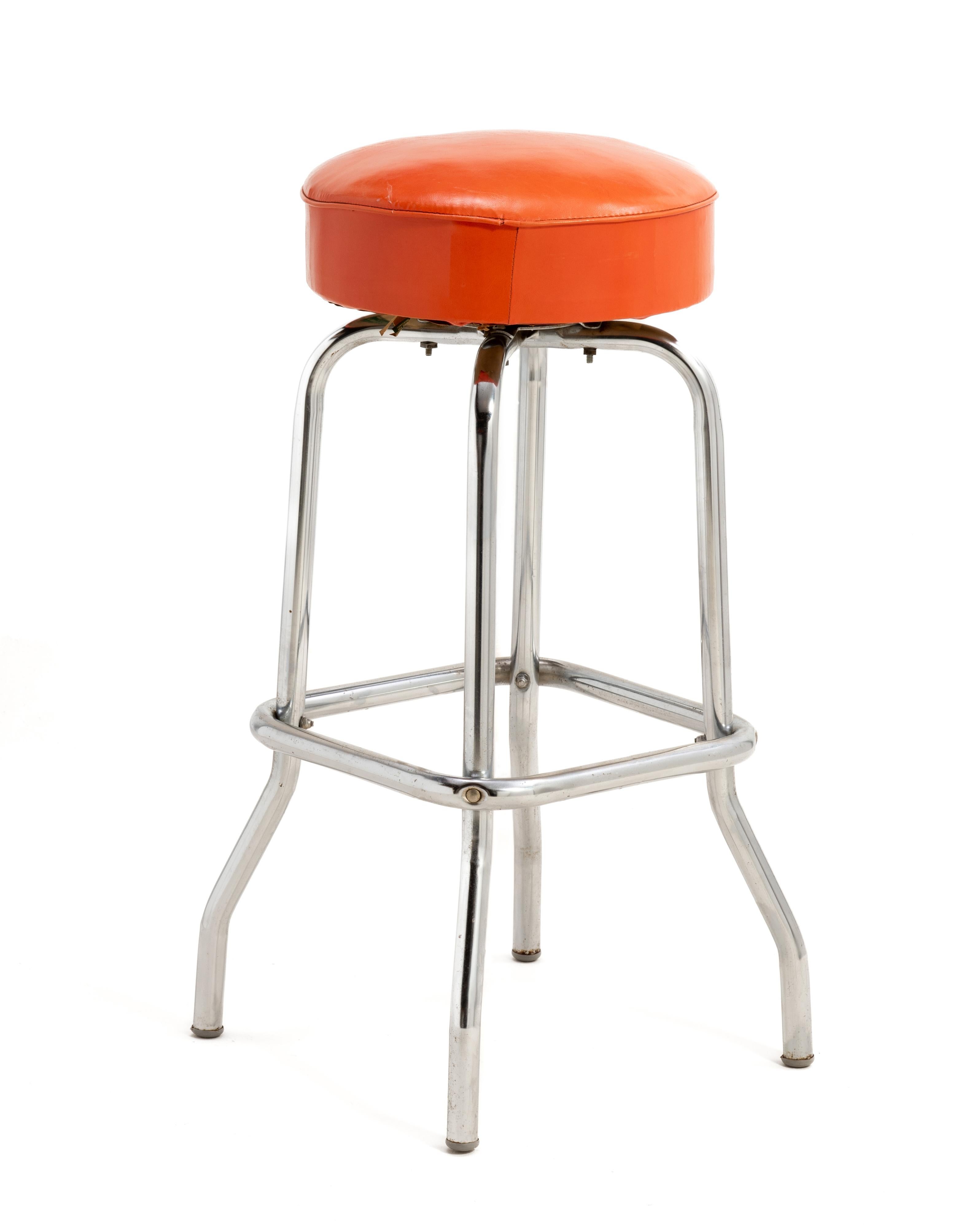 American Mid Century Swiveling Seat Barstools Original Chrome Orange Vinyl A Set of Four For Sale