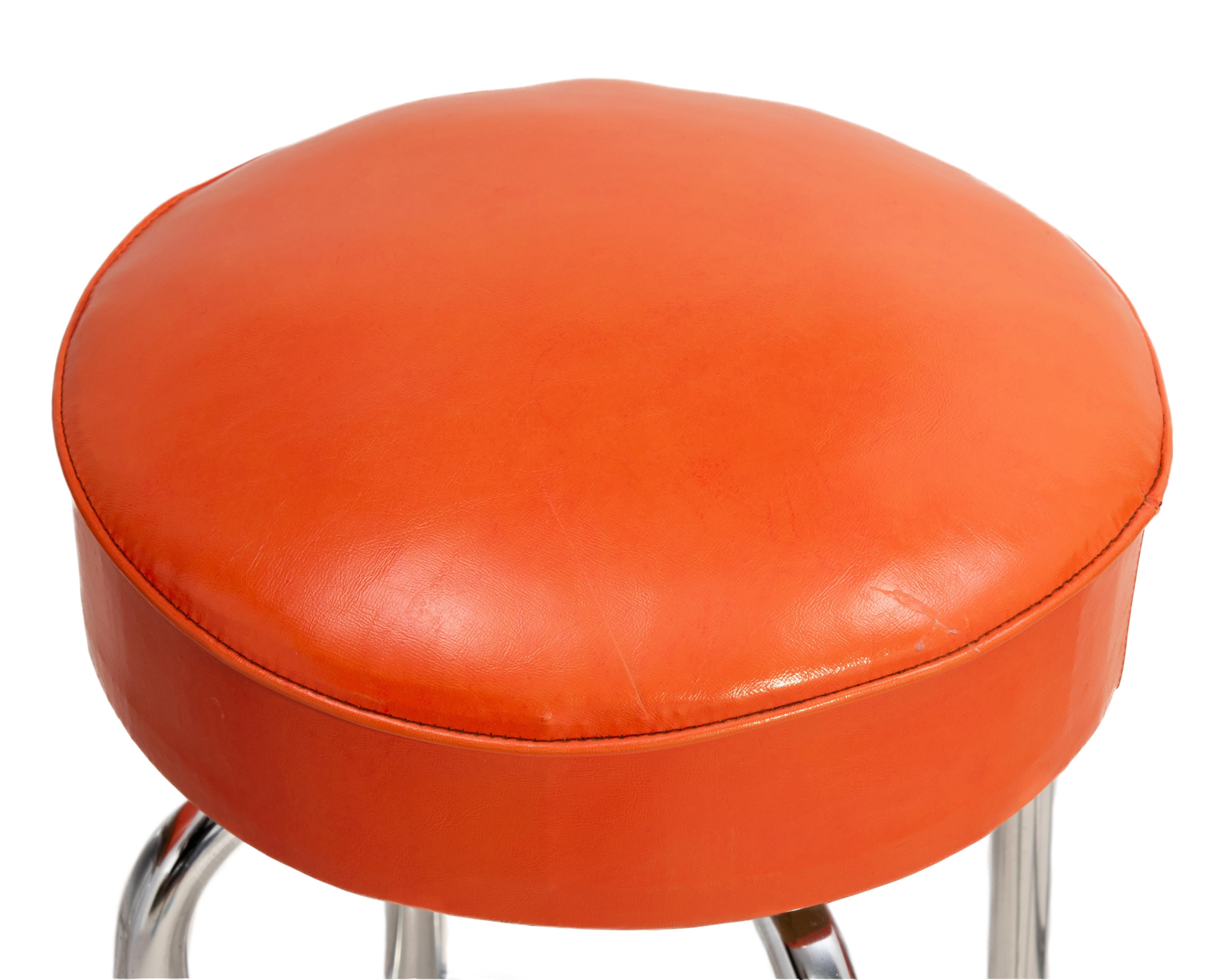 Mid-20th Century Mid Century Swiveling Seat Barstools Original Chrome Orange Vinyl A Set of Four For Sale