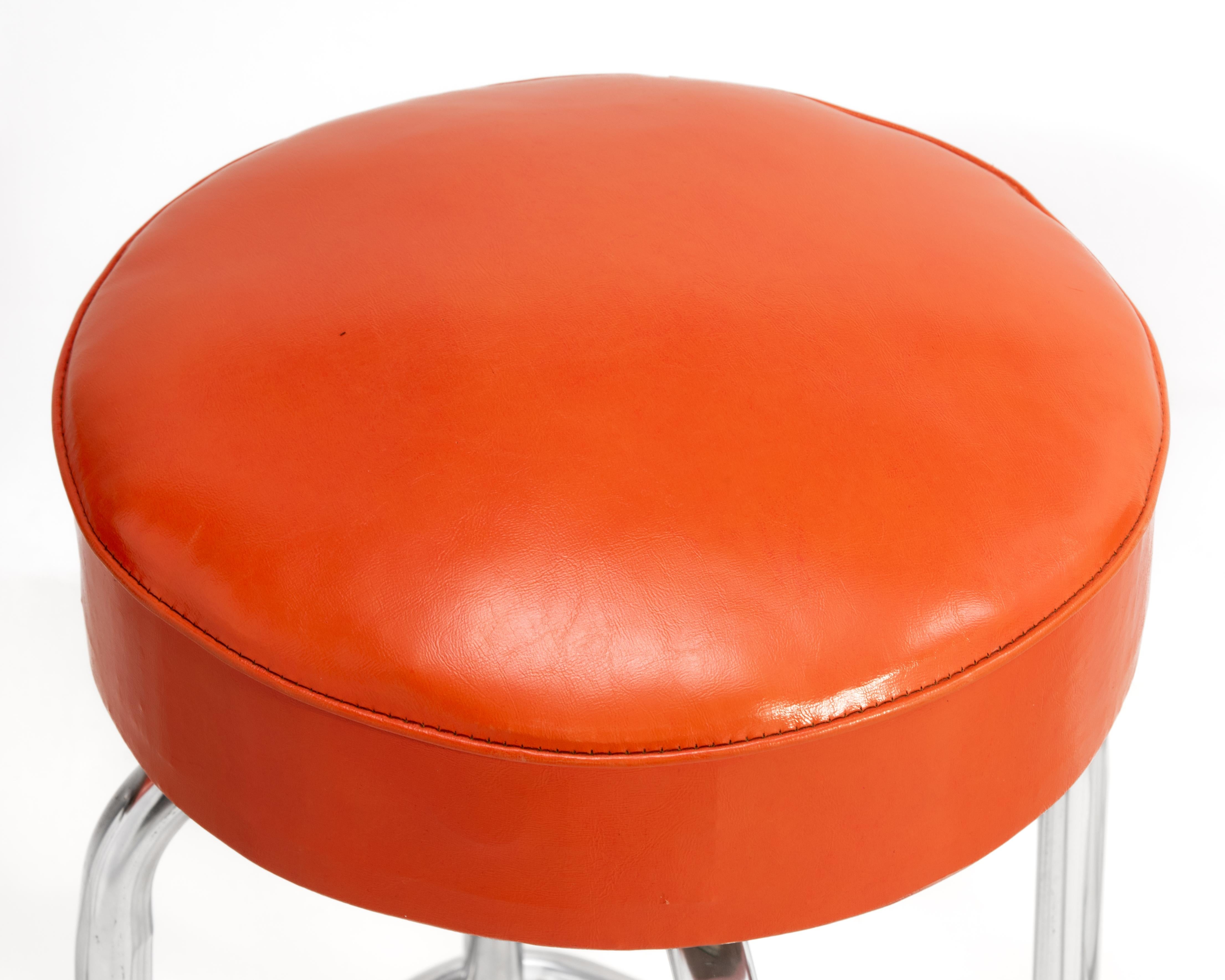 Mid Century Swiveling Seat Barstools Original Chrome Orange Vinyl A Set of Four For Sale 1