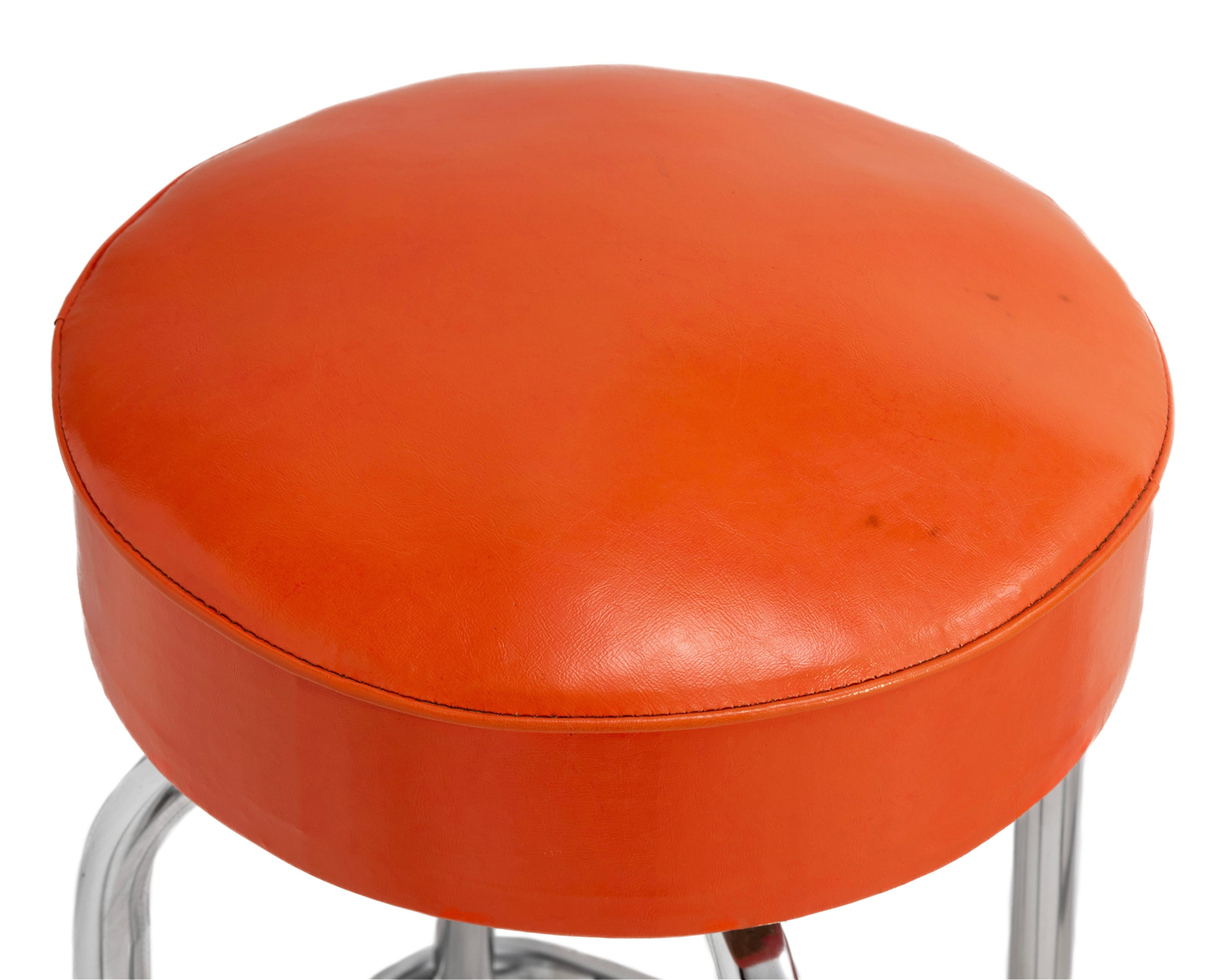 Mid Century Swiveling Seat Barstools Original Chrome Orange Vinyl A Set of Four For Sale 2