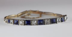 Mid-Century Synthetic Blue Sapphire and Diamond Two-Tone Link Bracelet