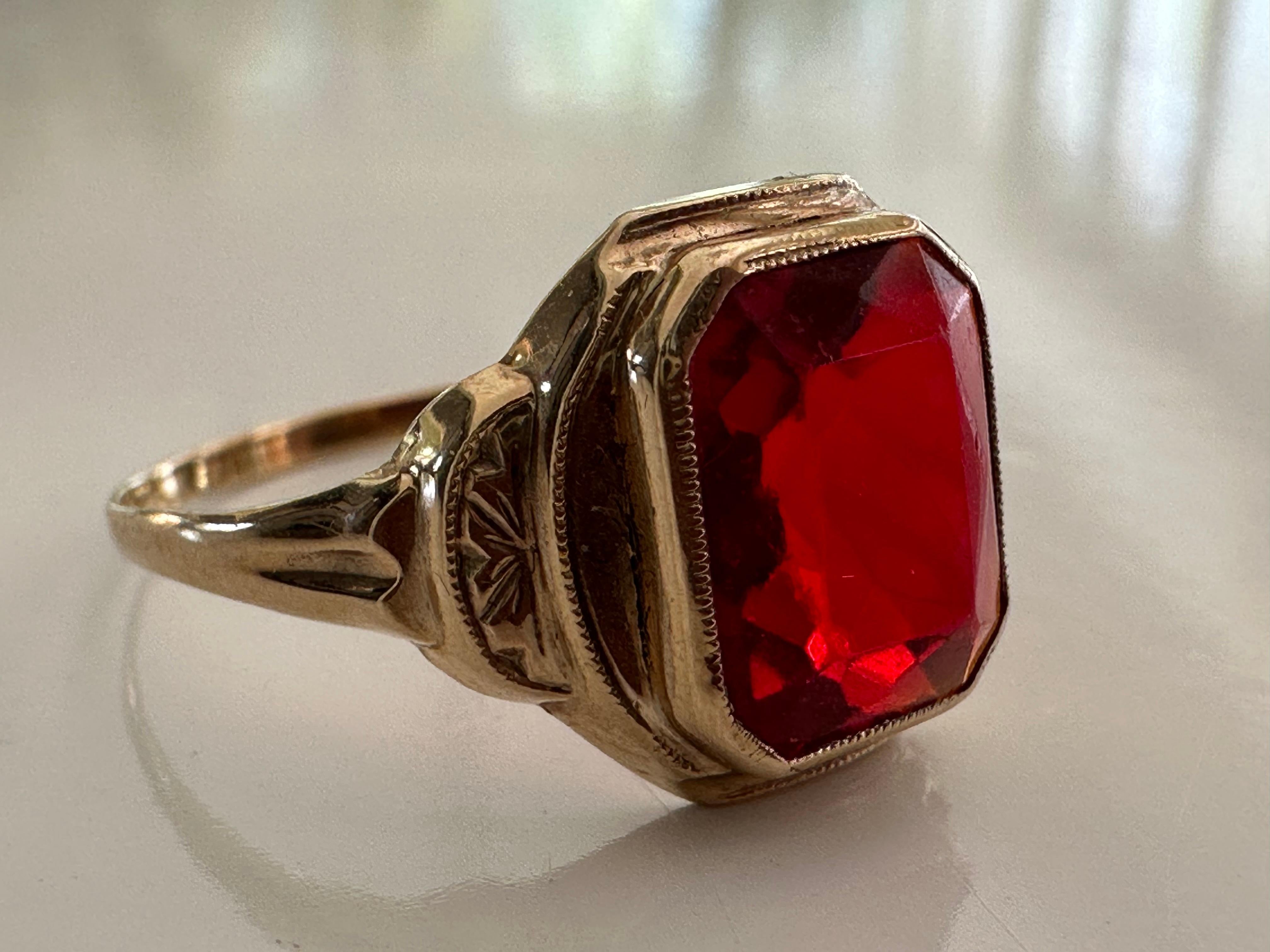 Emerald Cut Midcentury Synthetic Ruby Ring For Sale