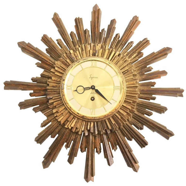 Midcentury Syroco Sunburst Wall Clock at 1stDibs