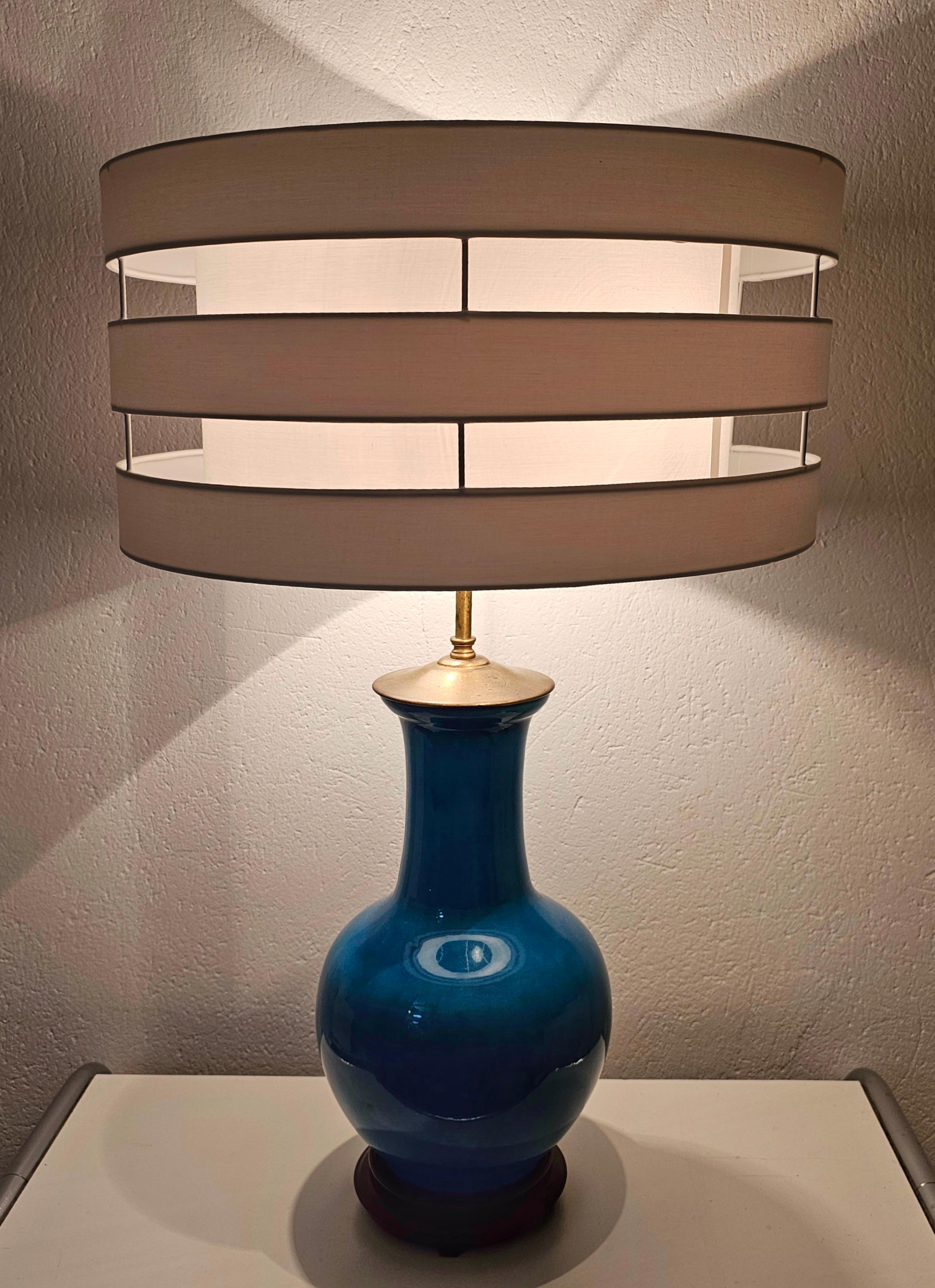 Mid Century Table Blue Ceramic Table Lamp by Warren Kessler New York, USA 1950s For Sale 4