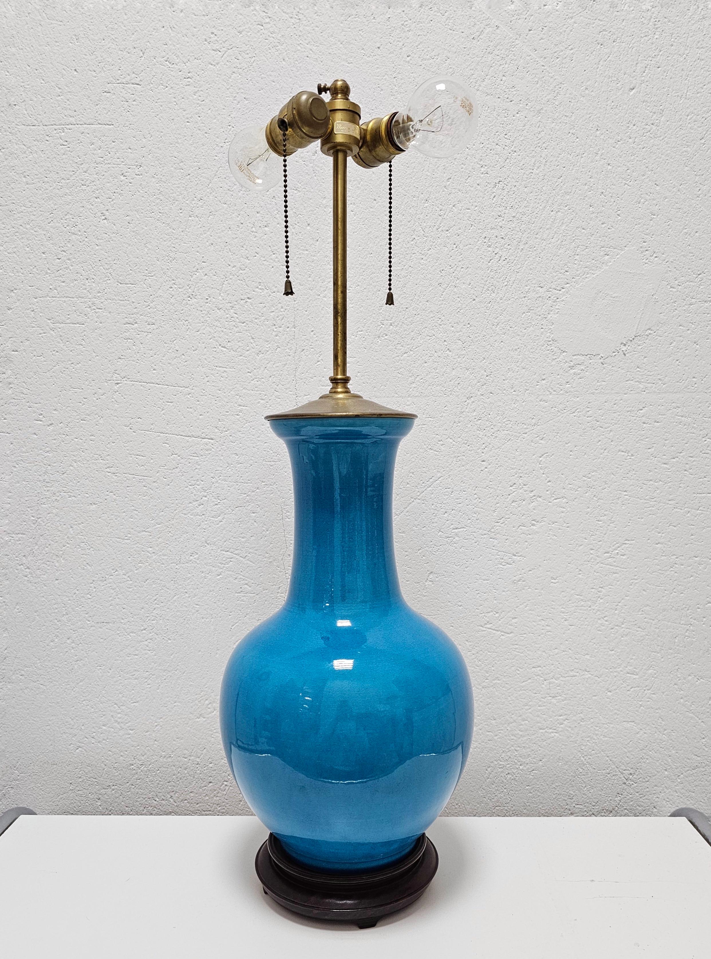 Mid Century Table Blue Ceramic Table Lamp by Warren Kessler New York, USA 1950s For Sale 5