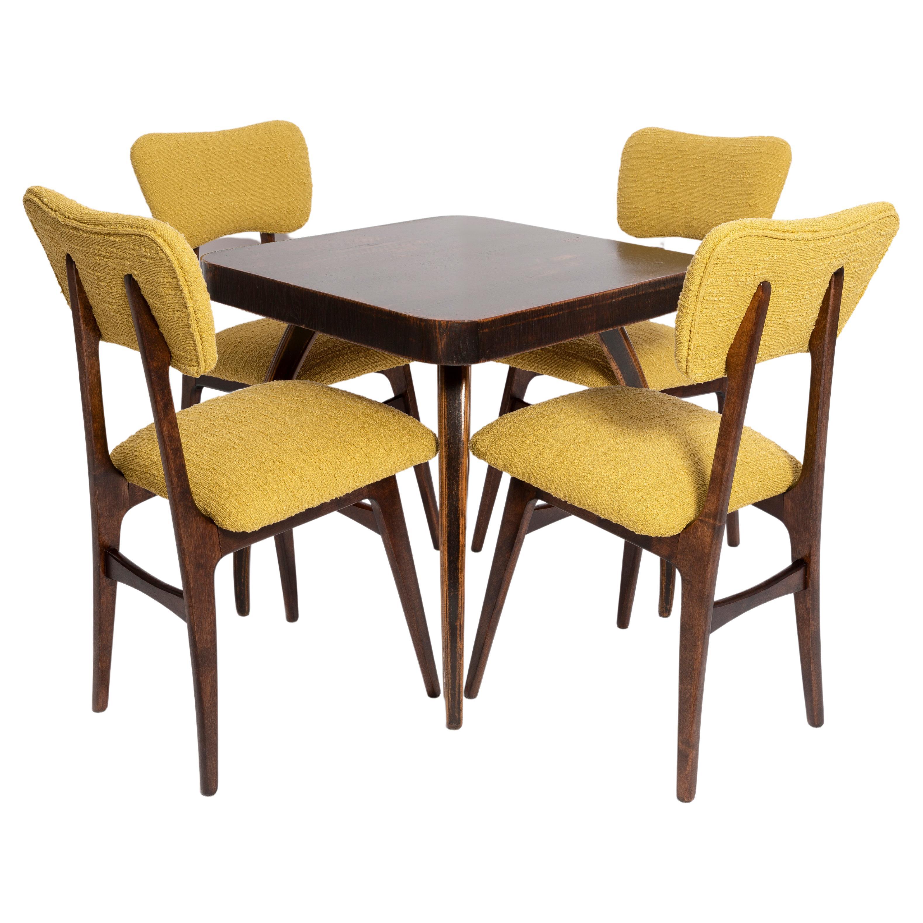 Mid-Century Table by Jindřich Halabala and Set of 4 Boucle Chairs, Europe, 1960s For Sale