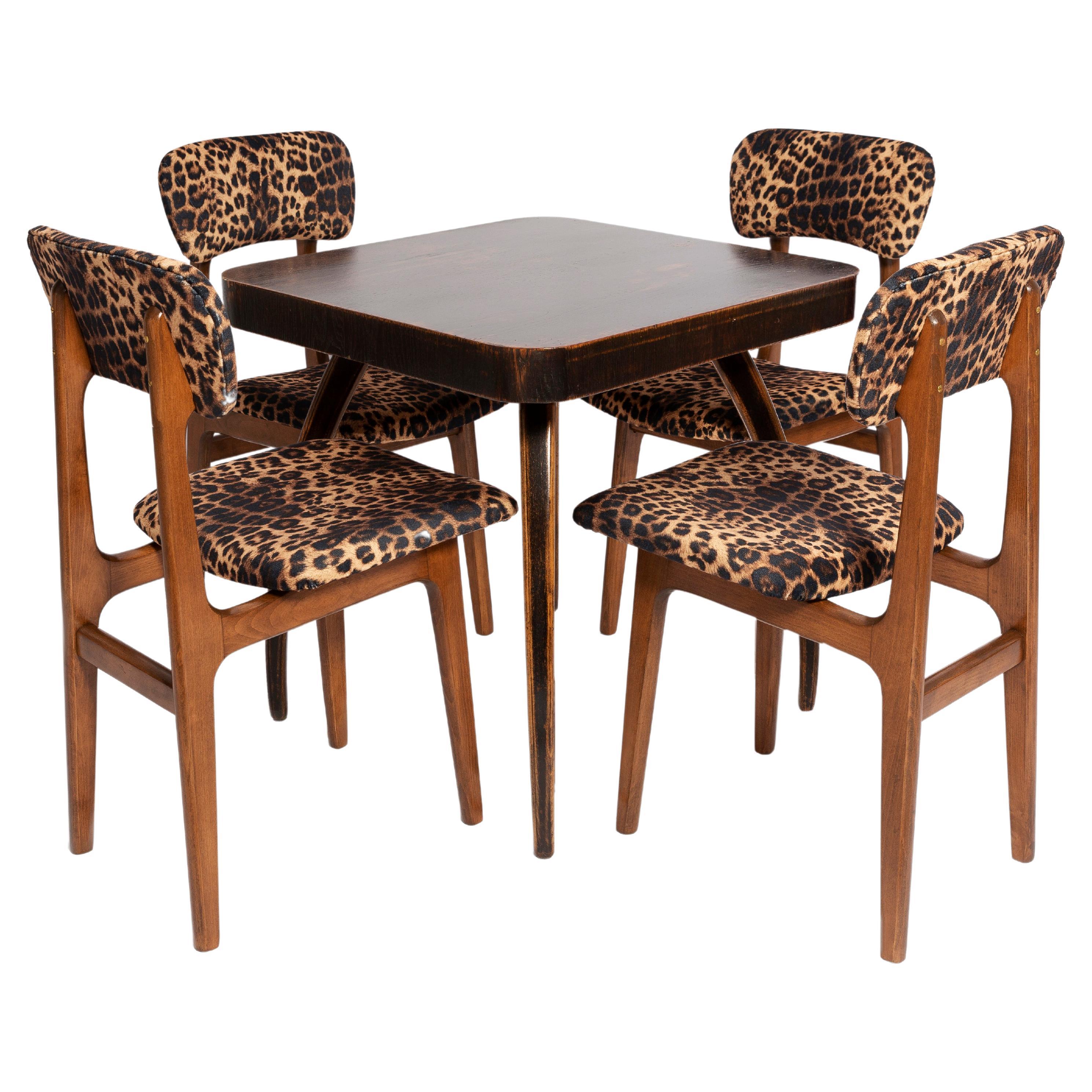 Mid-Century Table by Jindřich Halabala and Set of 4 Chairs, Europe, 1960s For Sale