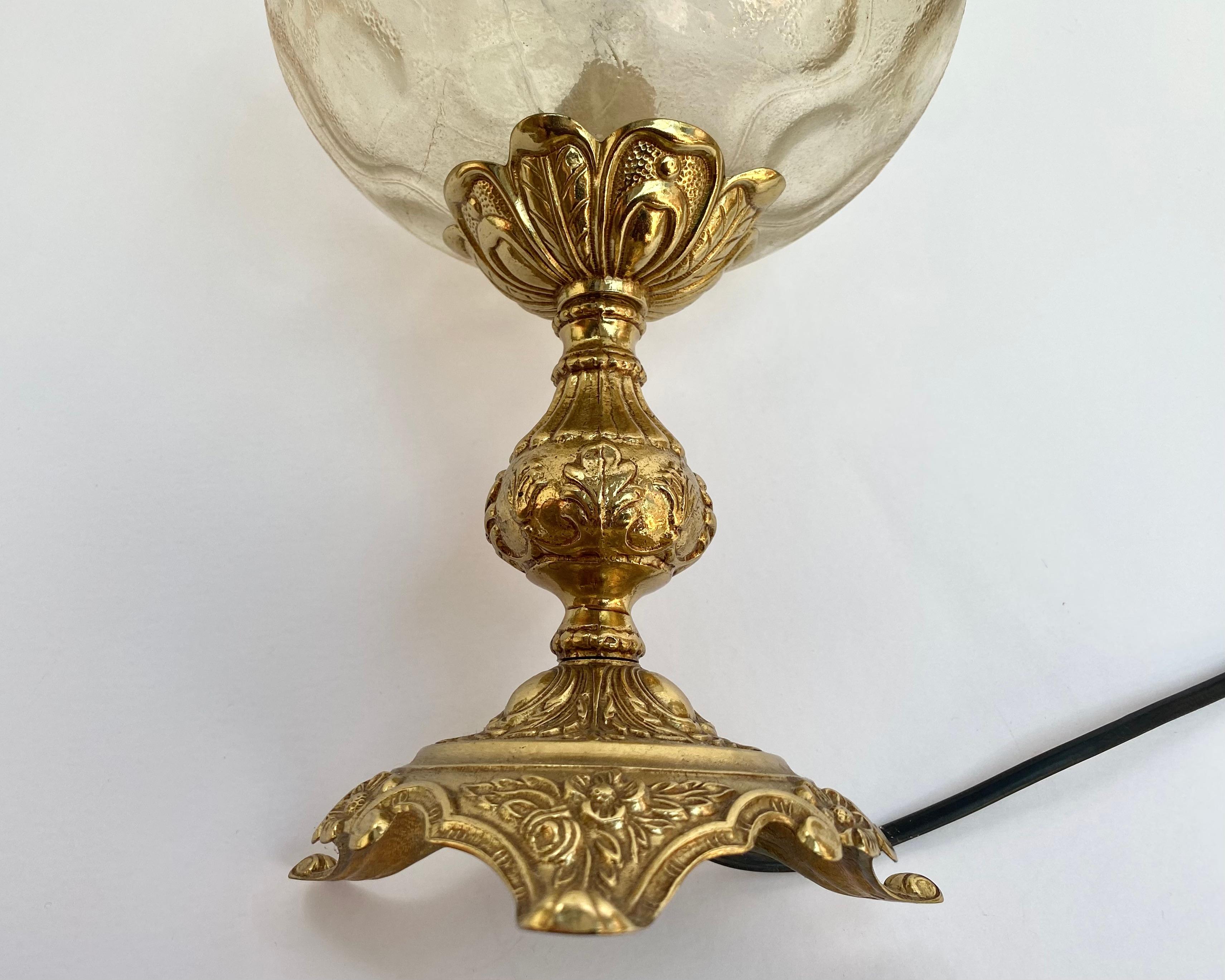 Brass Mid-Century Table Lamp Ball Shade and Tulip Base Belgium, 70s For Sale