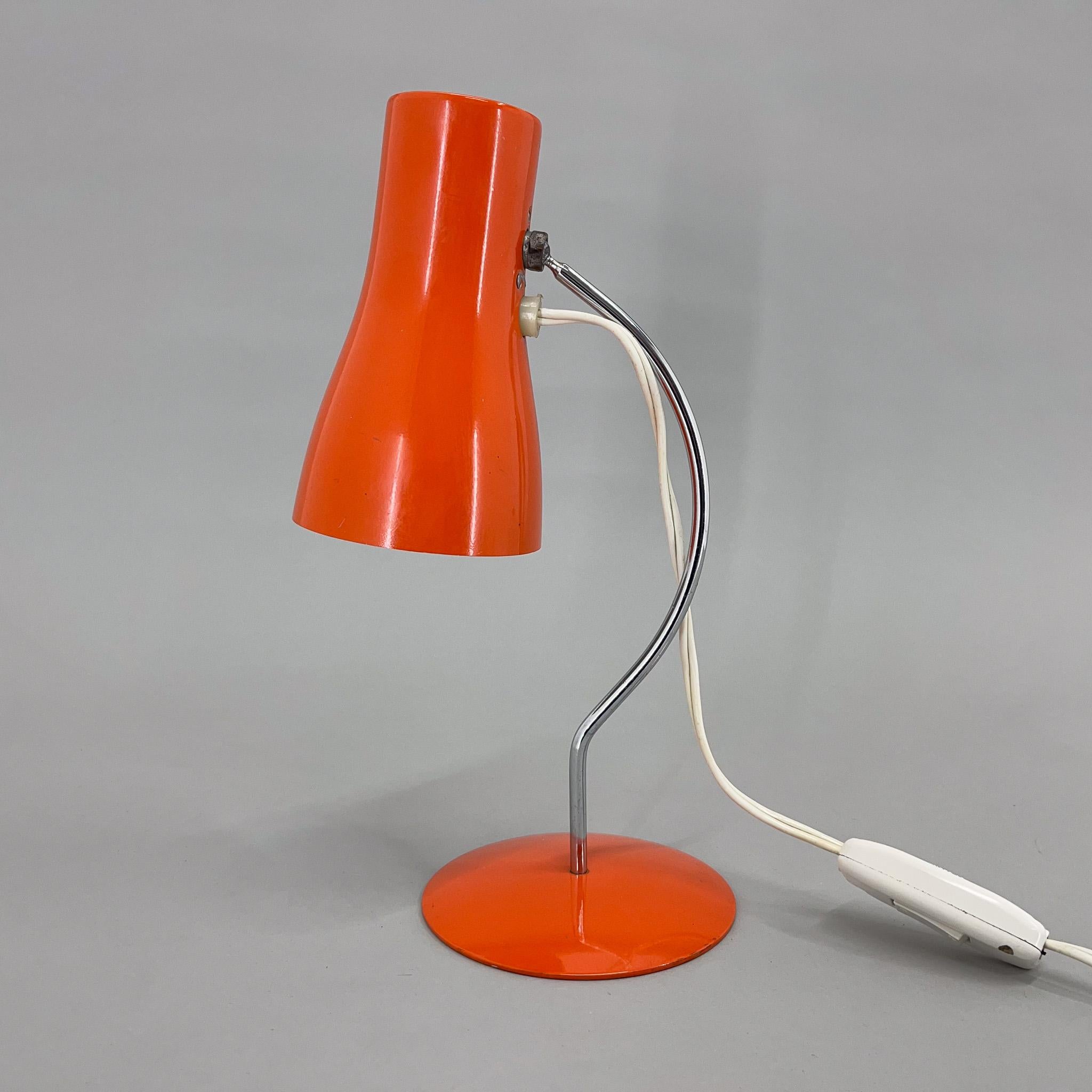 Vintage orange metal and chrome table lamp with adjustable lamp shade designed by the famous Josef Hůrka. Produced in former Czechoslovakia in the 1970's. Bulb: 1x E14. US plug adapter included.