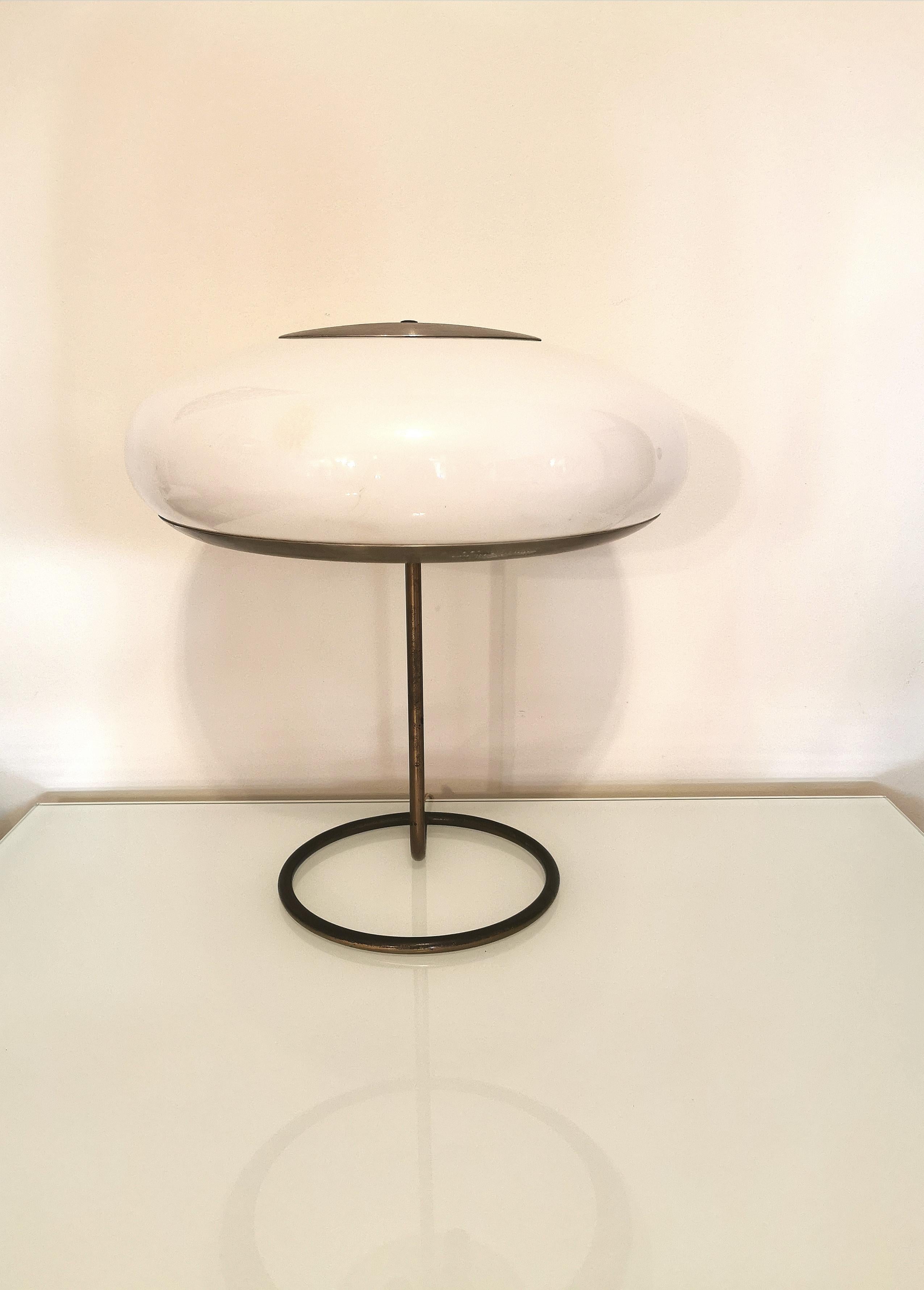 Mid Century Table Lamp by Stilux Brass White Plexiglass Aluminum, Italy, 1950s 4