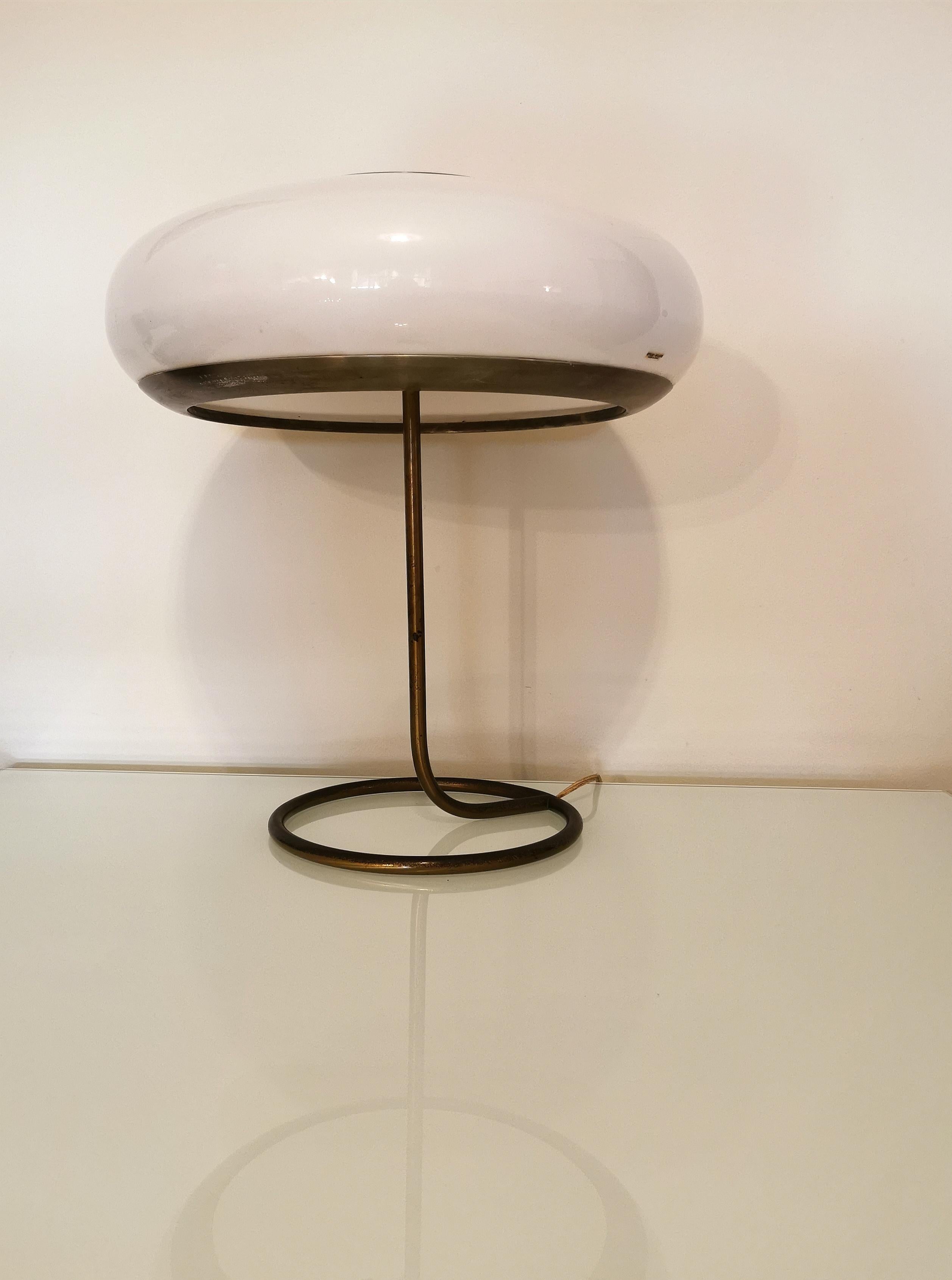 Mid Century Table Lamp by Stilux Brass White Plexiglass Aluminum, Italy, 1950s 3