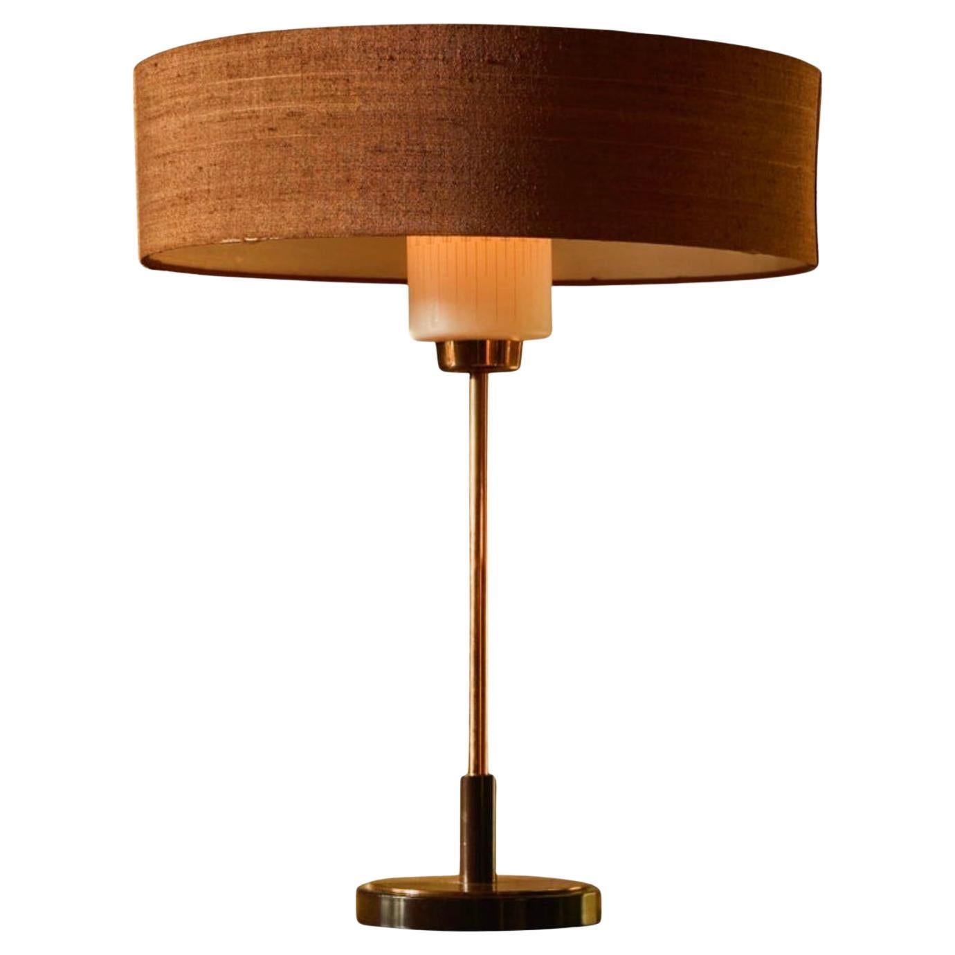 Mid Century Table Lamp in Copper and Glass with Fabric Shade 1960s