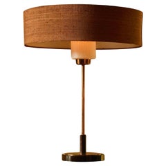 Mid Century Table Lamp in Copper and Glass with Fabric Shade 1960s