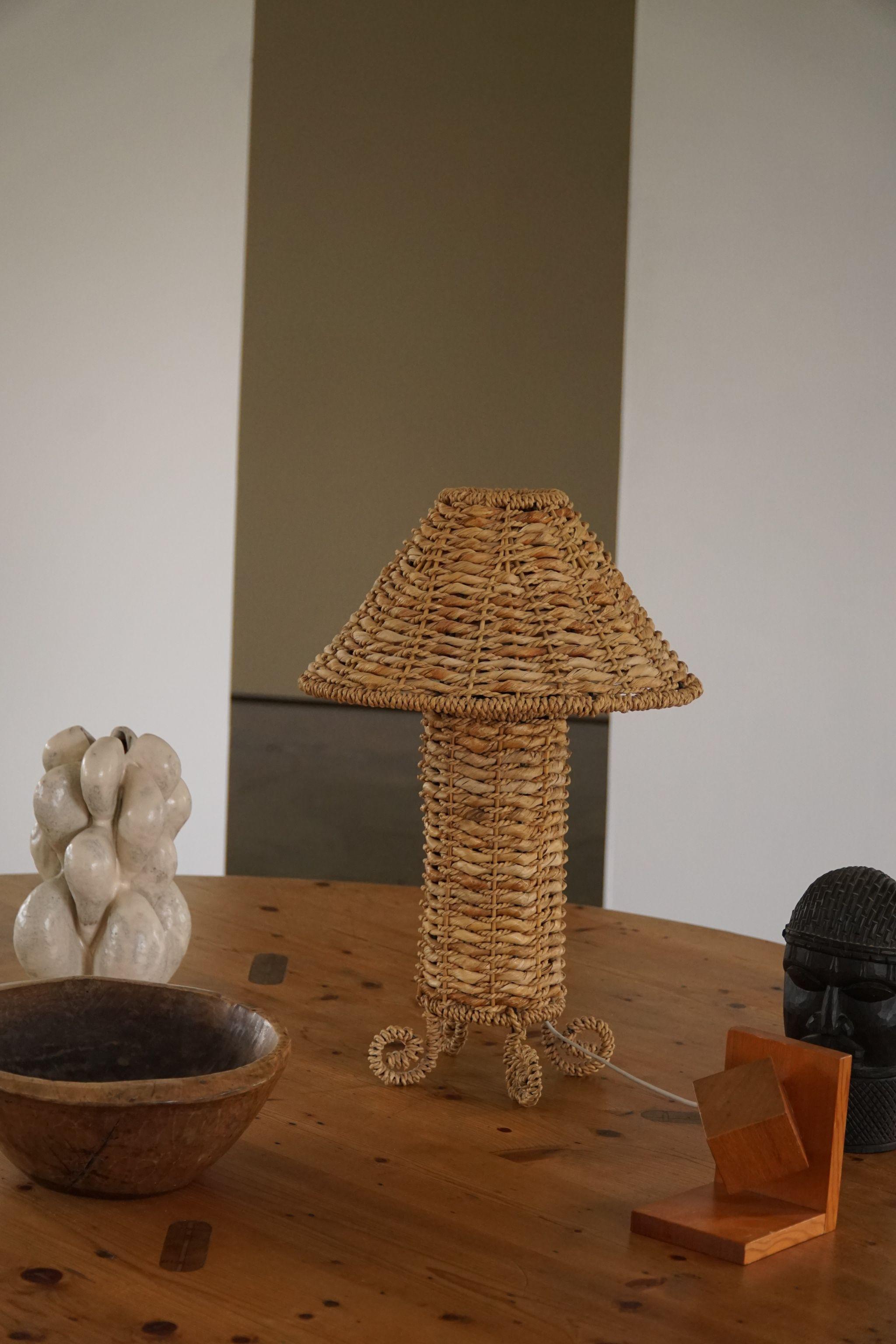 Danish Mid-Century Table Lamp in Wicker & Steel, Scandinavian Modern, 1960s