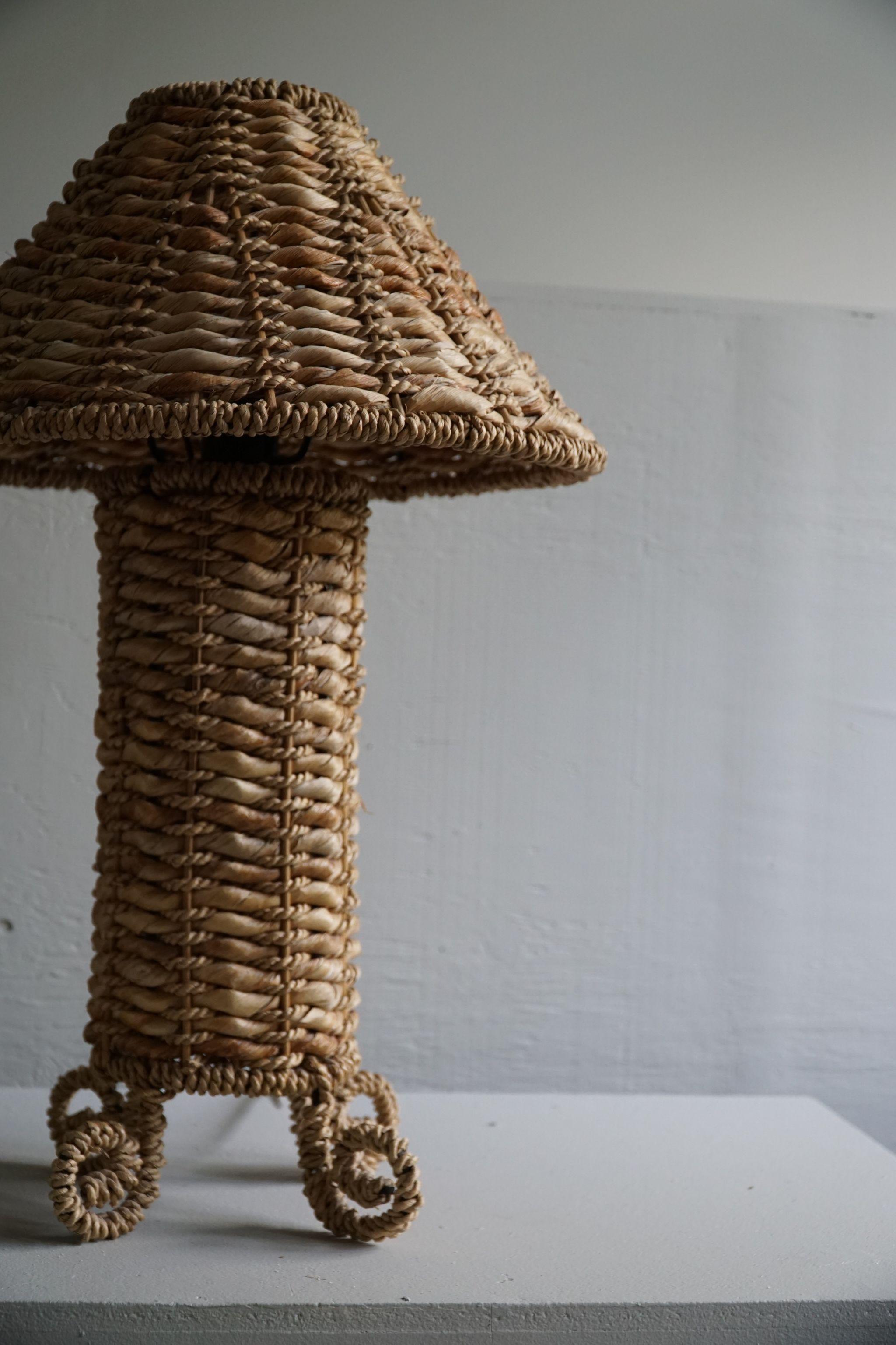 20th Century Mid-Century Table Lamp in Wicker & Steel, Scandinavian Modern, 1960s