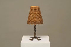 Mid Century Table Lamp in Wrought Iron with Woven Rattan Shade 1960s