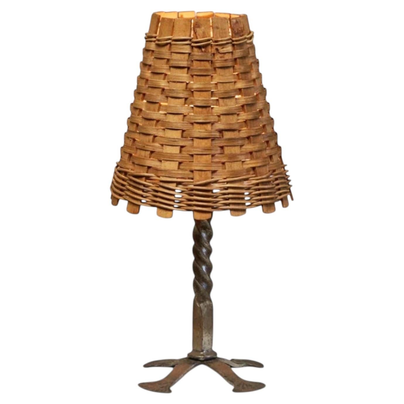 Mid Century Table Lamp in Wrought Iron with Woven Rattan Shade 1960s
