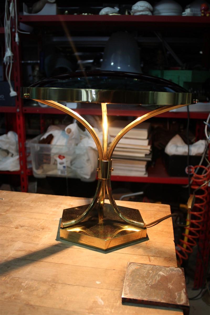 Mid-Century Table Lamp Italian Design Cristal Concave Cobalt Blue Brass Part For Sale 7