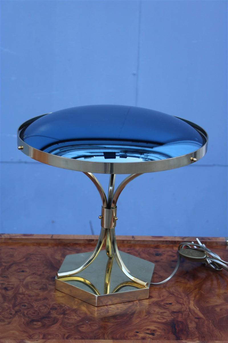 Mid-century table lamp Italian Design Cristal concave cobalt blue brass part.