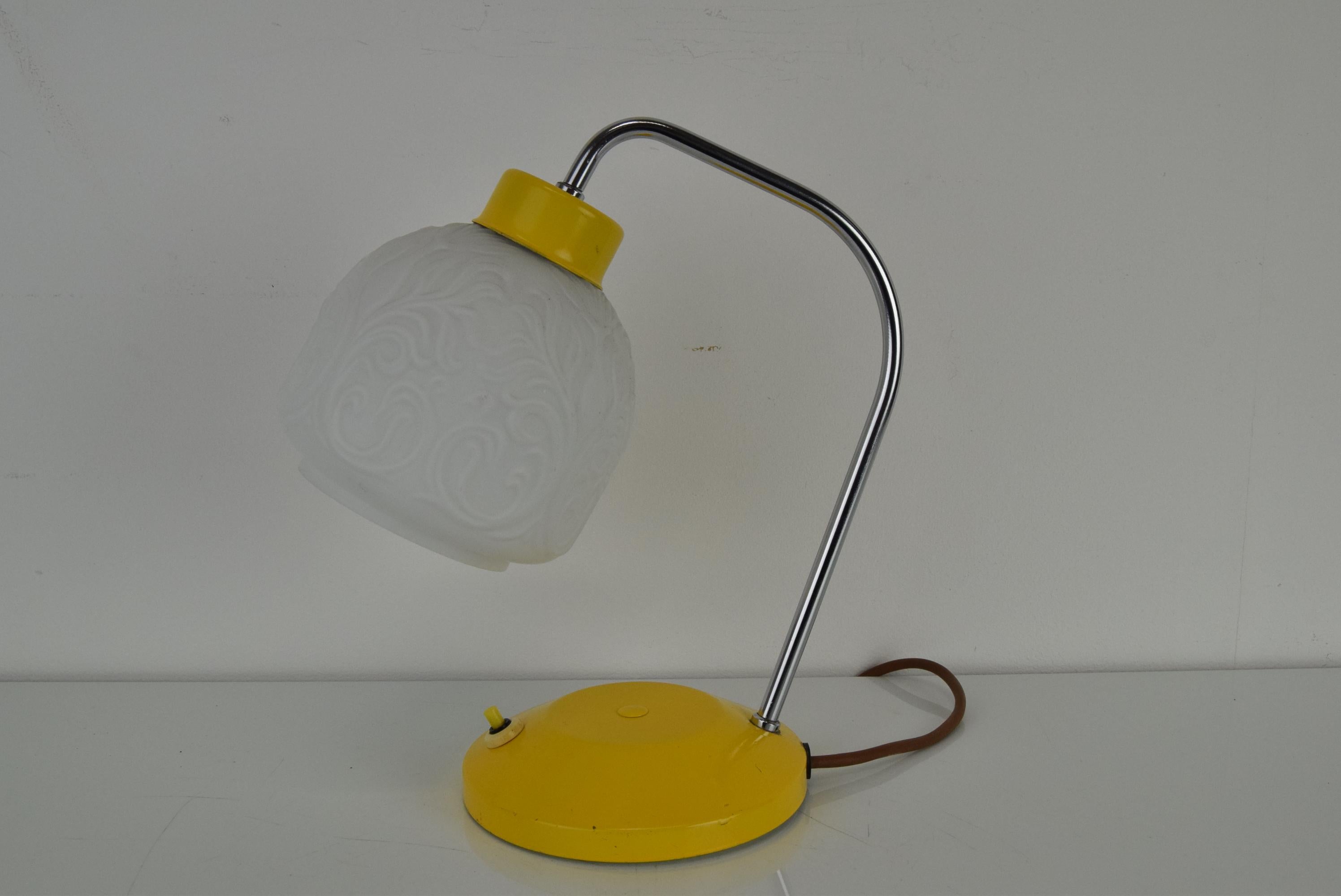 Made in Czechoslovakia 
Made of glass, Lacquered metal, chrome
With aged patina
Re-polished
1x60W,E27 or E26 bulb
US adapter included
Good original condition.