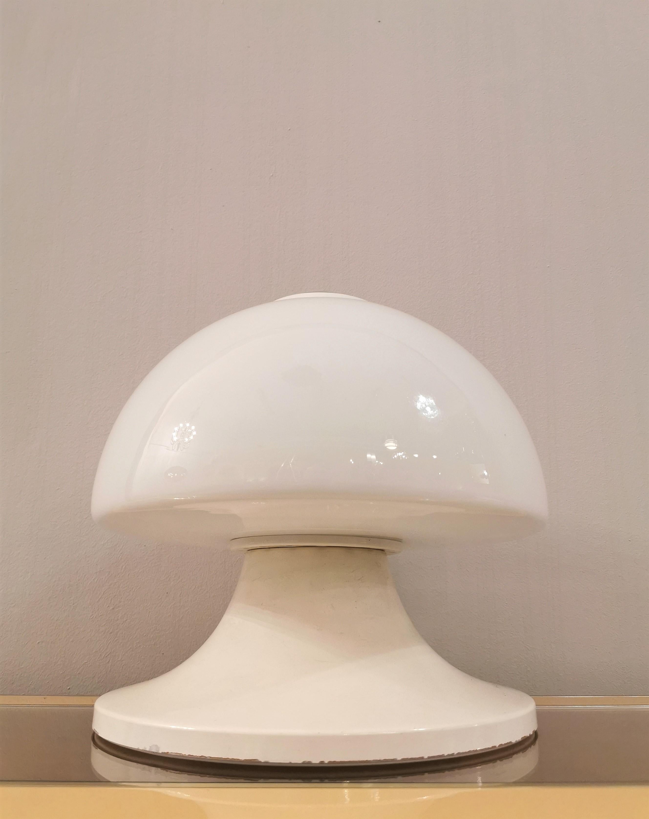 20th Century Mid Century Table Lamp Milk Glass Aluminum White Lighting Italian Design 1960s
