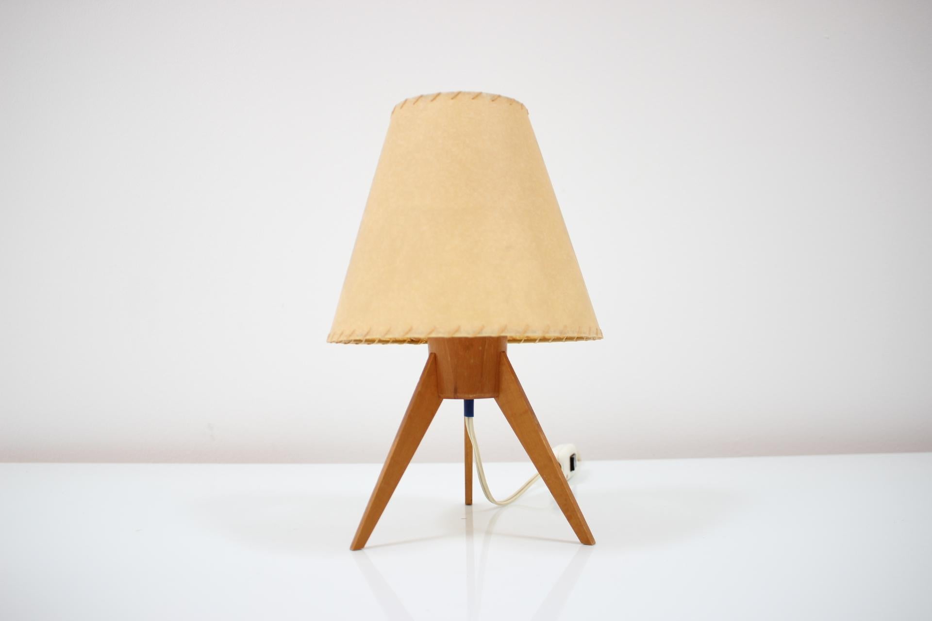 - made in Czechoslovakia
- made of wood, paper
- re-polished
- new lampshade of parchment
- fully functional
- good, original condition.