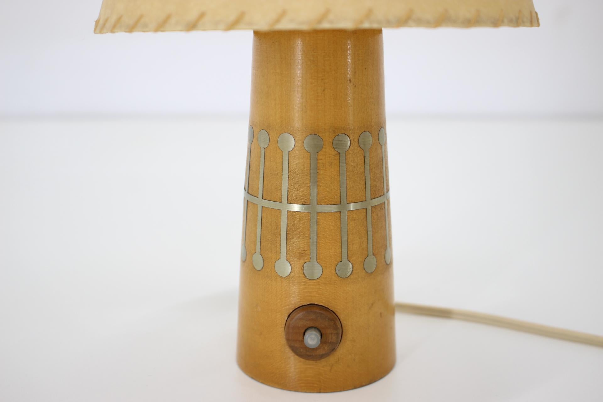 - Made in Czechoslovakia
- Made of wood, pergamen lampshade
- Fully functional
- Very good, original condition.