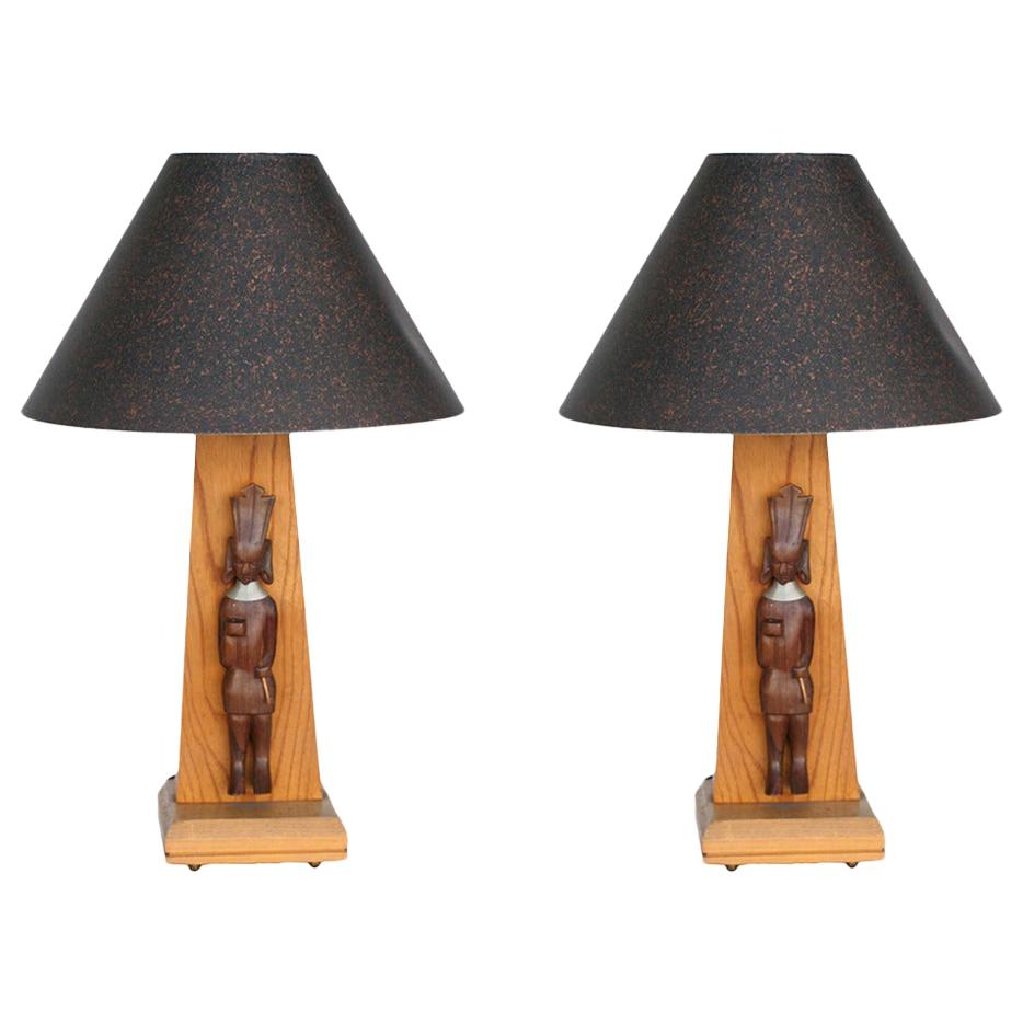 Midcentury Table Lamp with African Carving