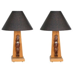 Midcentury Table Lamp with African Carving