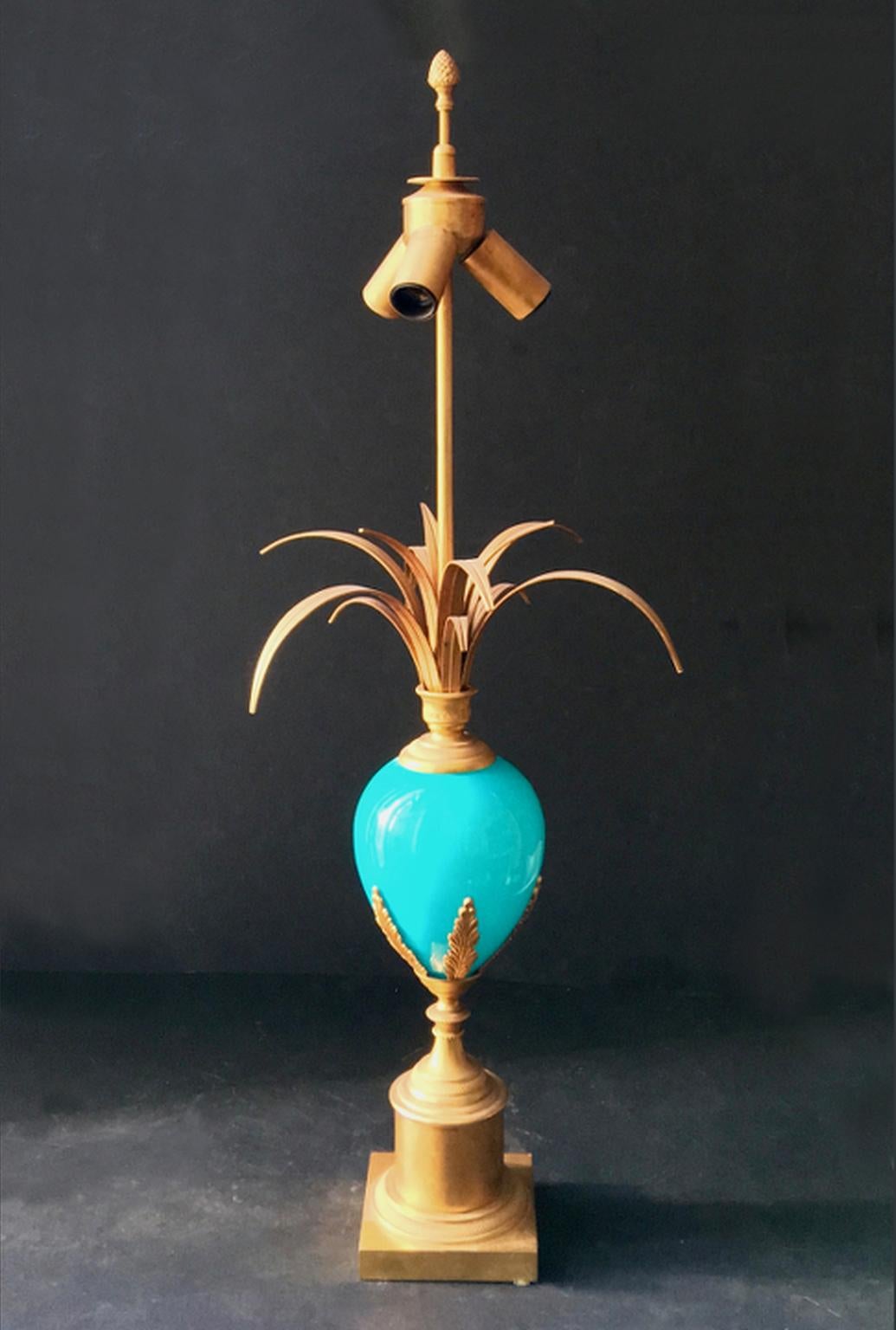 Midcentury Table Lamp with Blue Glass Egg in the Style of Maison Charles, France 2