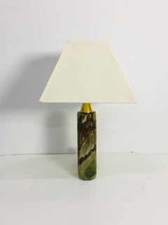 Mid-century table lamp with green onyx stone and white shade from the 1960s