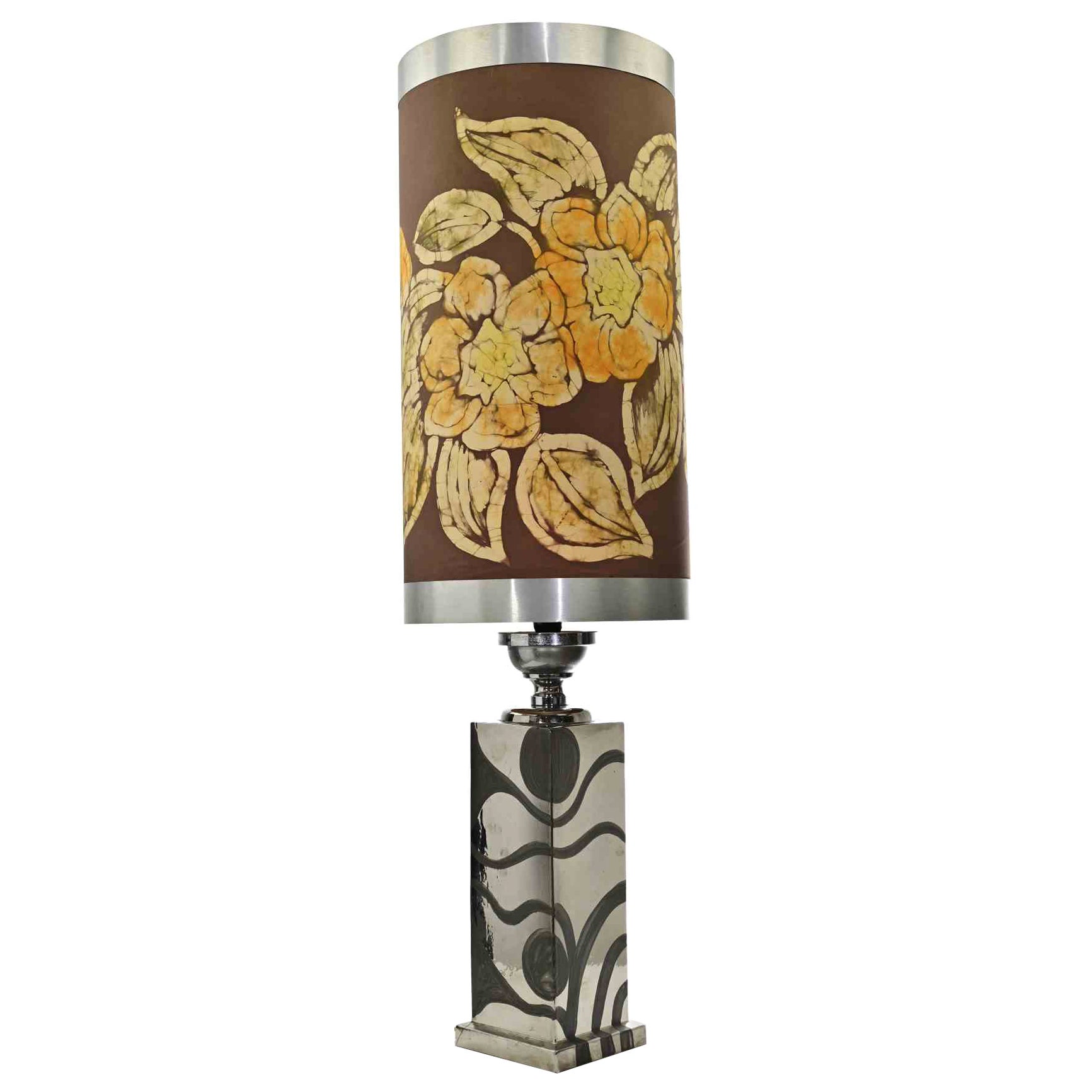 Mid-Century Table Lamp with Hand-Painted Cylindrical Shade, Italy, 1970s For Sale