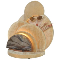 Vintage Midcentury Table Lampe by Laurent Veresky Paris in Velvet and Wood, circa 1960