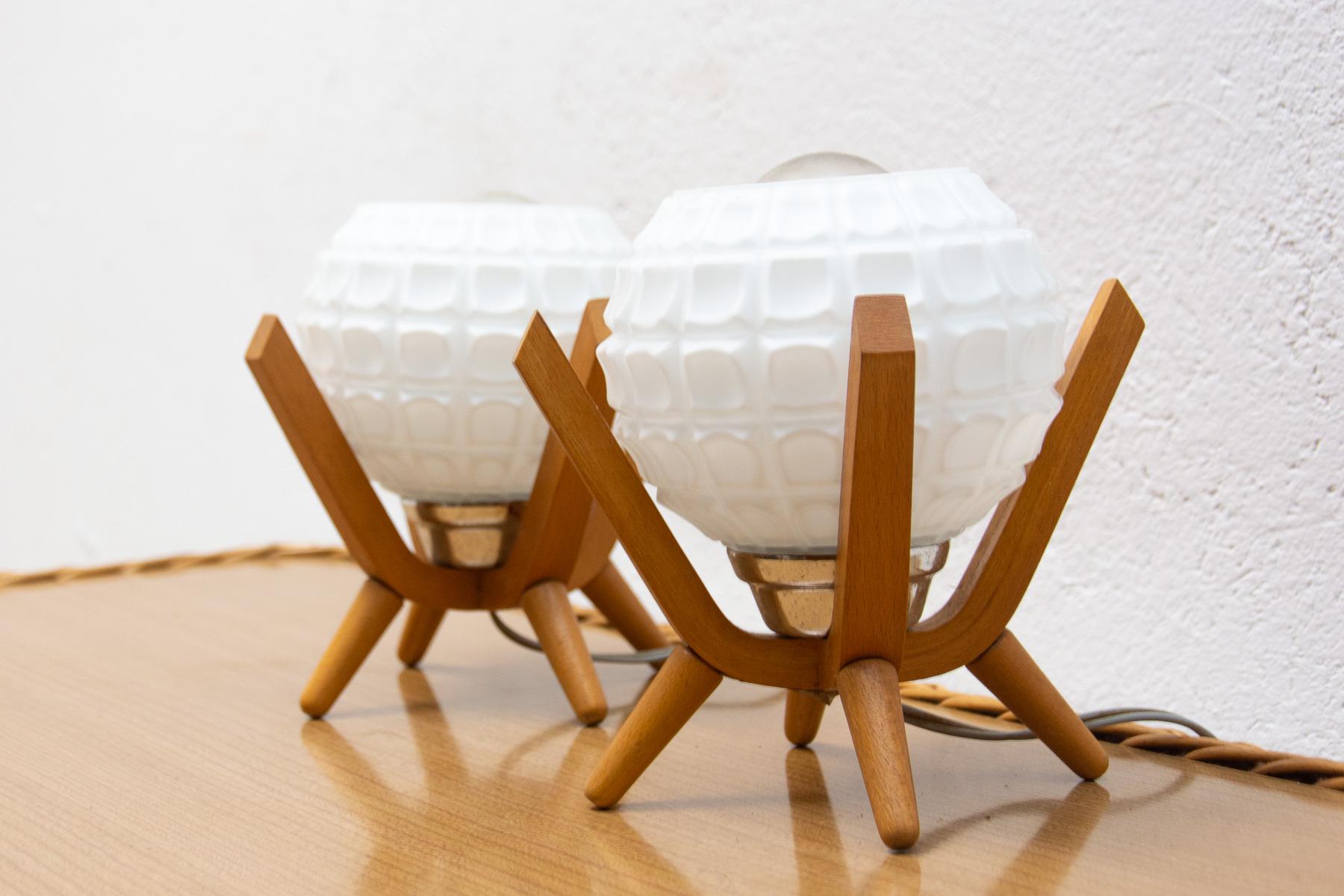 Milk Glass Mid Century Table Lamps Drevo Humpolec, Czechoslovakia, 1960´s, Set of 2