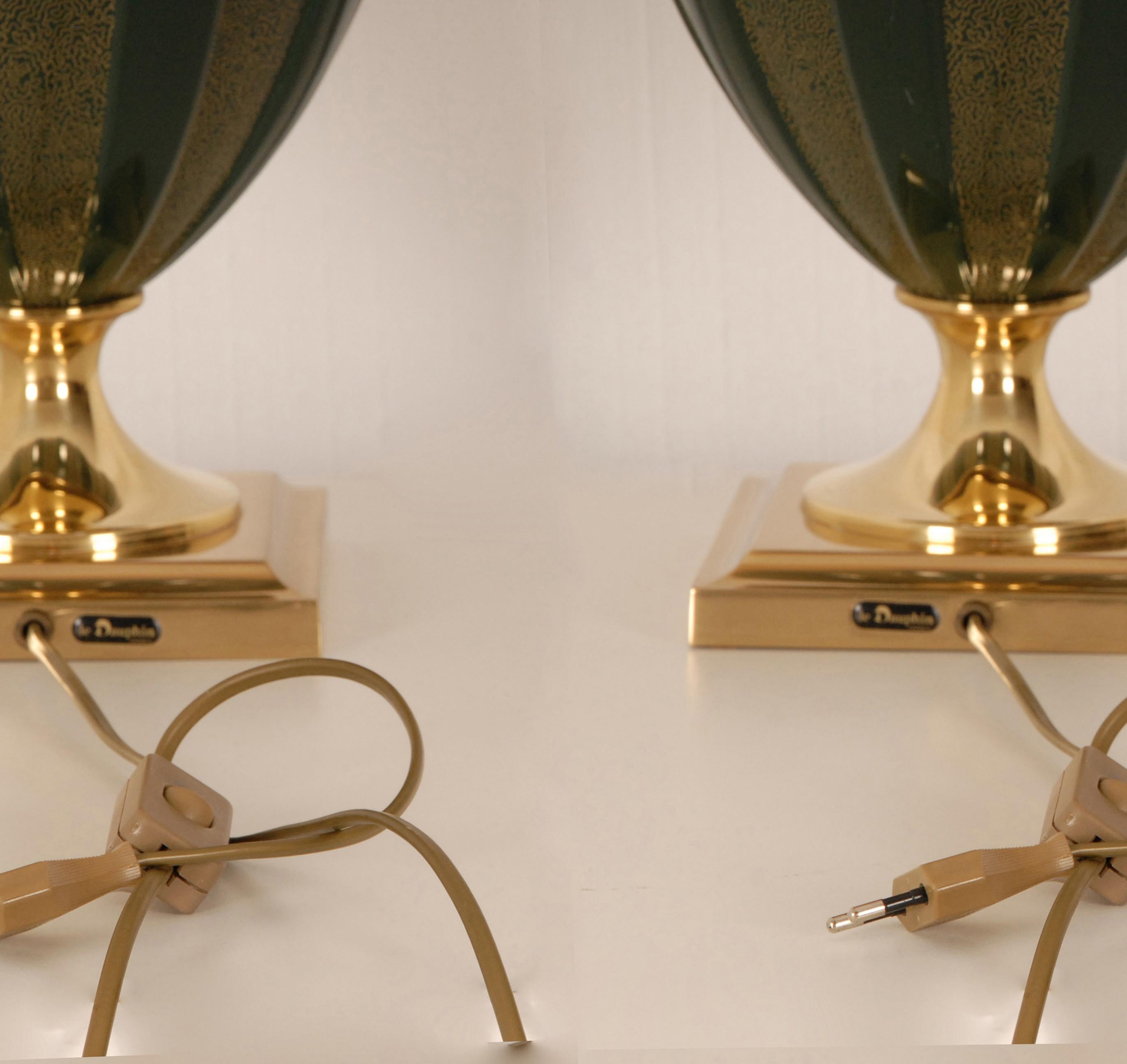Gold Plate Vintage French Ceramic Lamps by Le Dauphin Empire Gold Green Table Lamps a Pair For Sale