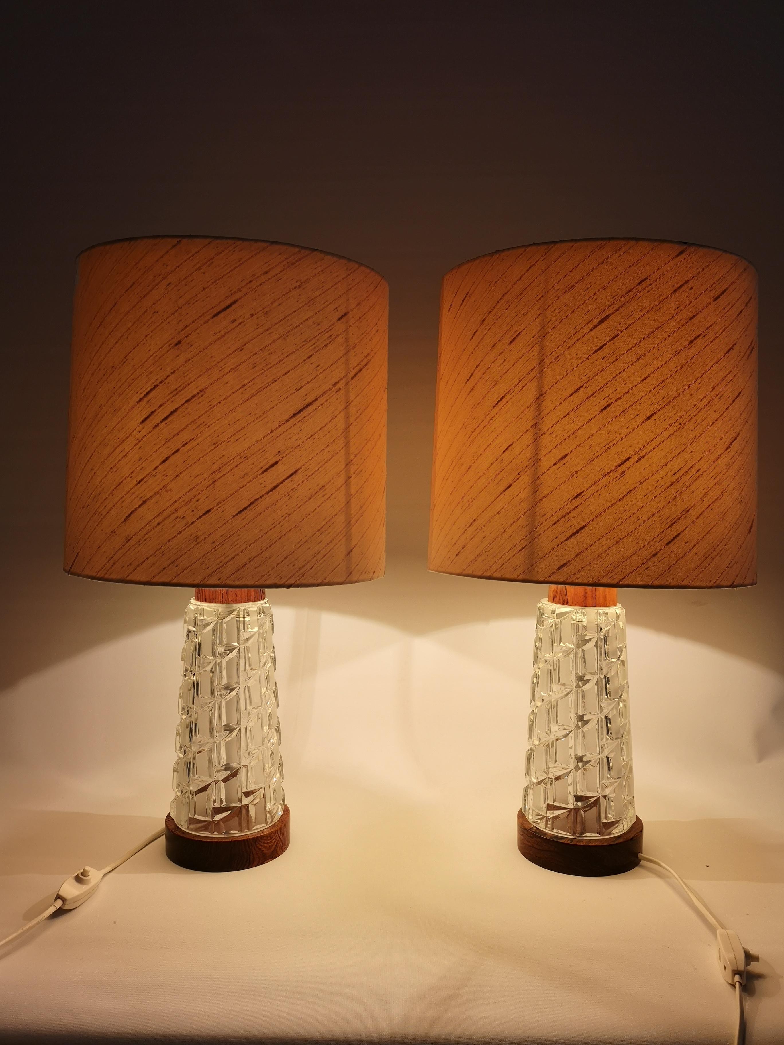 Swedish Midcentury Table Lamps Orrefors Teak and Glass Sweden