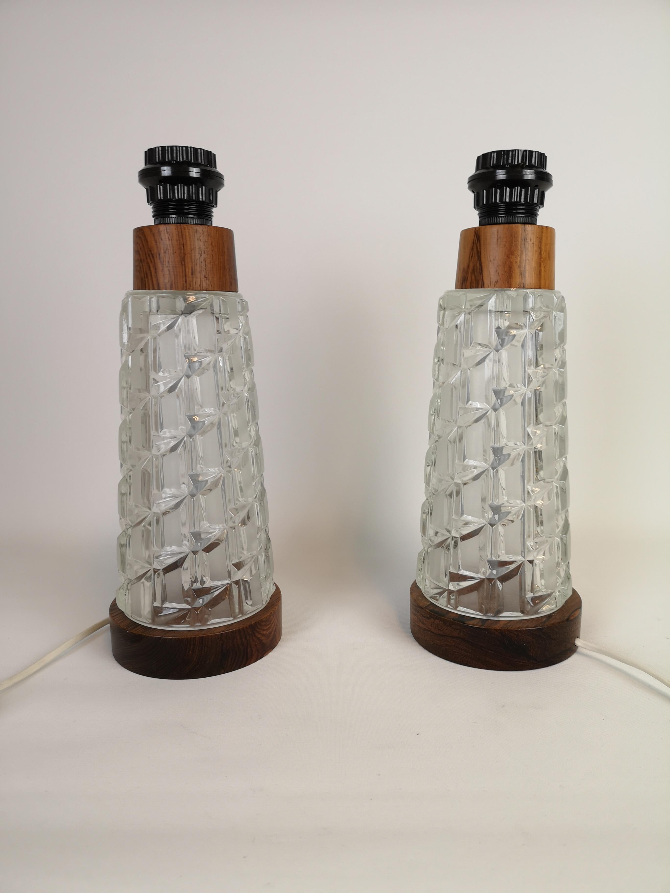 Midcentury Table Lamps Orrefors Teak and Glass Sweden 1