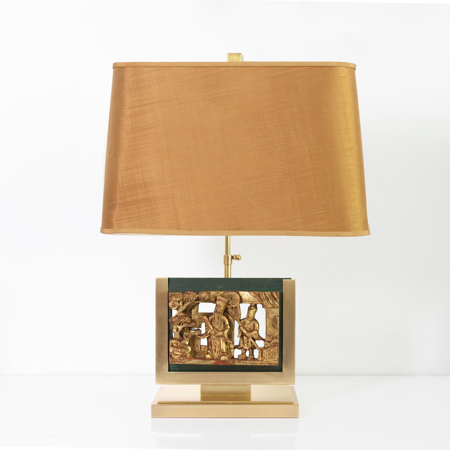 Mid-Century Modern Mid-Century Table Lamps Polished Brass Mounted Asian Gilt-Wood Carvings For Sale