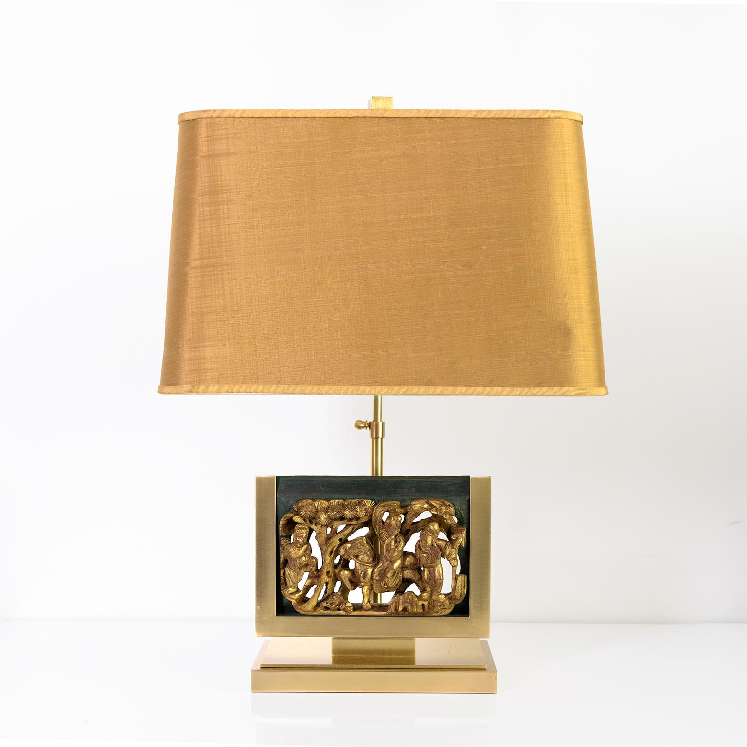 European Mid-Century Table Lamps Polished Brass Mounted Asian Gilt-Wood Carvings For Sale