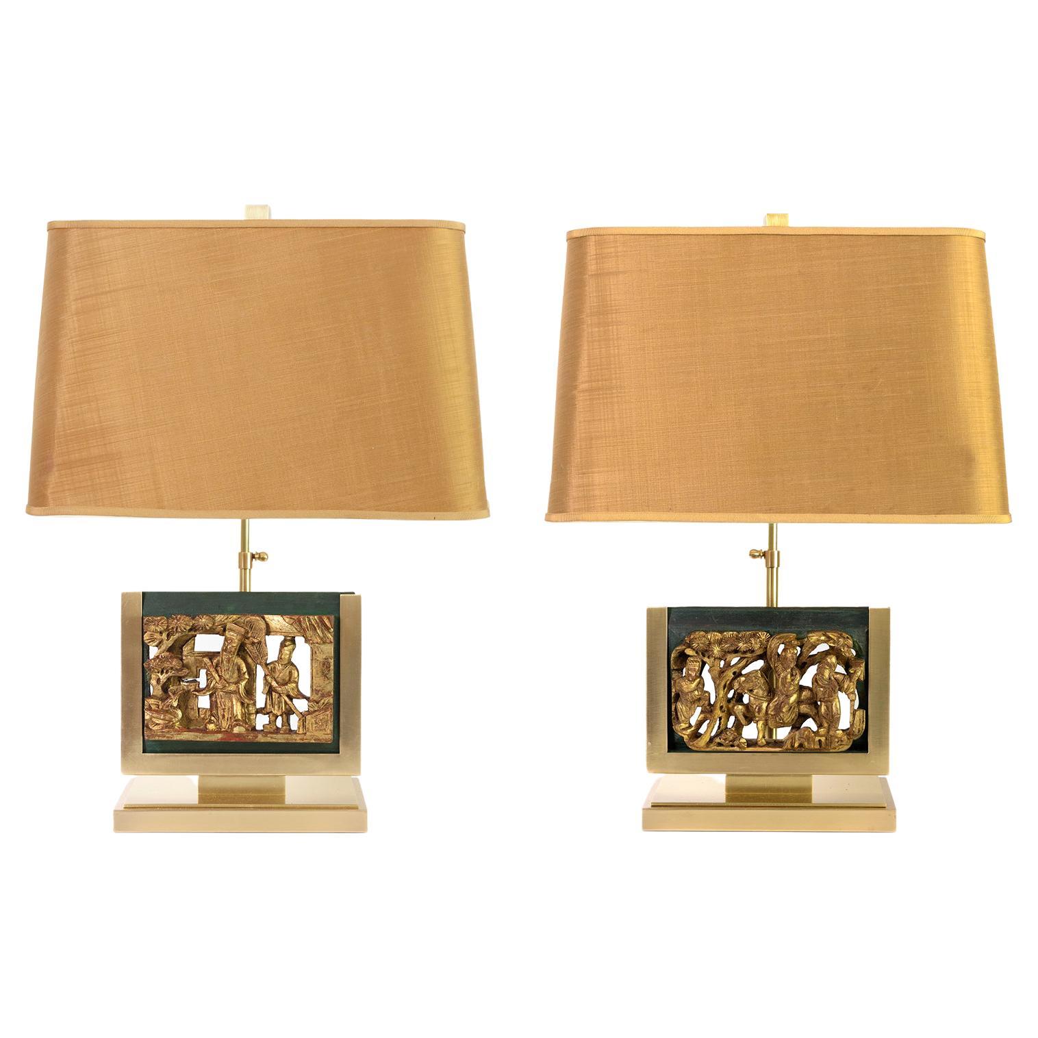 Mid-Century Table Lamps Polished Brass Mounted Asian Gilt-Wood Carvings For Sale